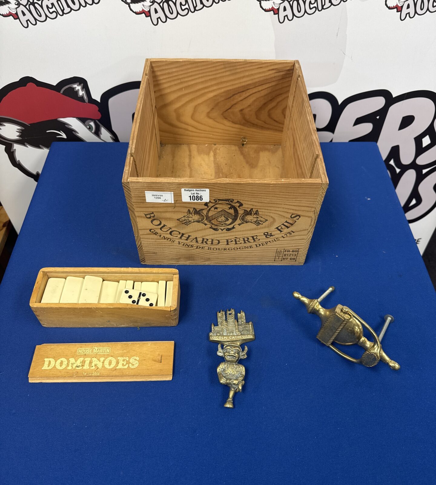 Wooden wine box with two brass knockers & set of house Martin dominoes
