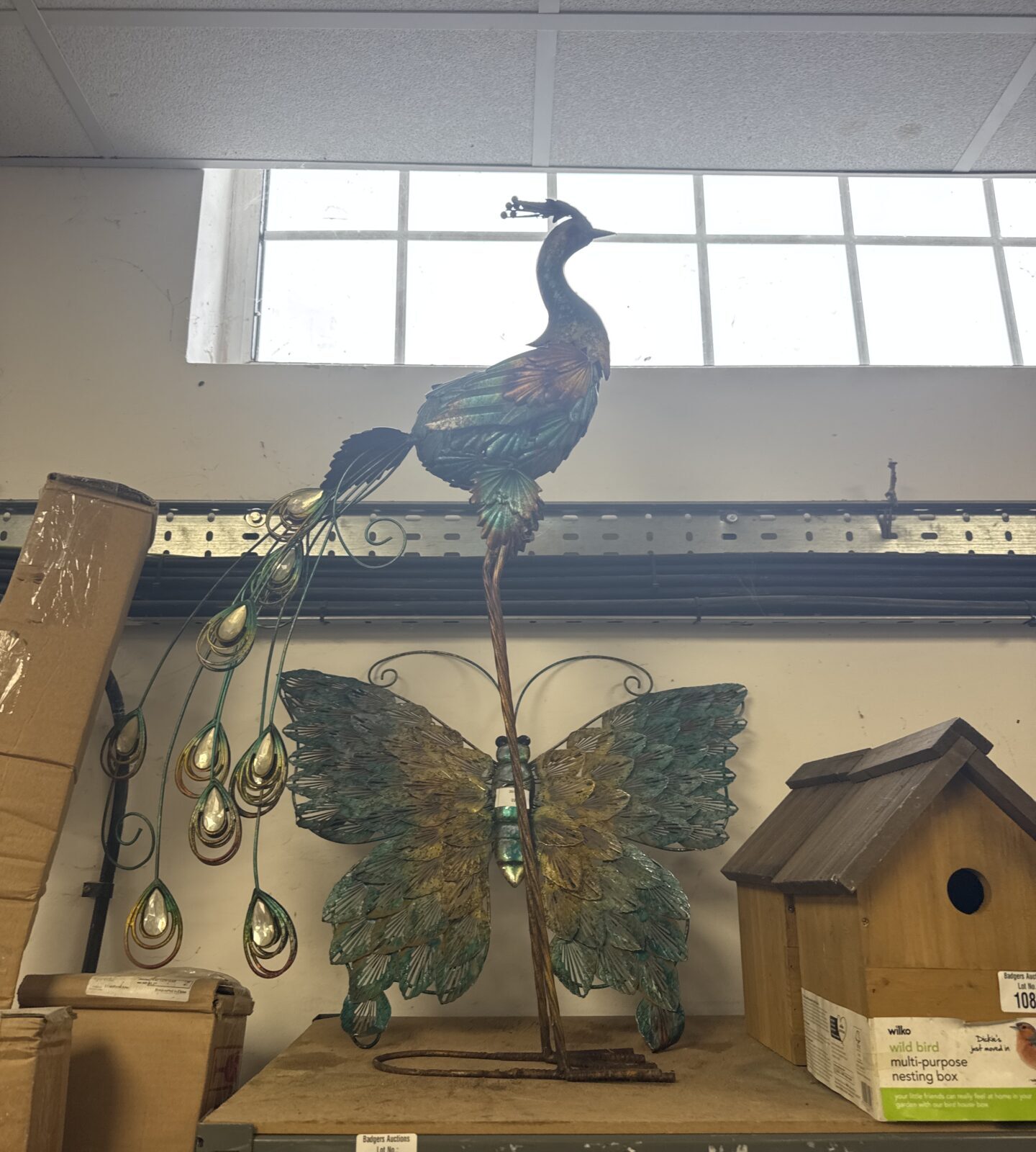 Large metal peacock & butterfly garden ornaments