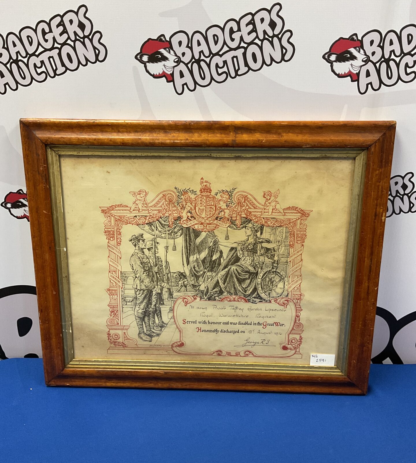 Framed world war one honourable discharge framed certificate