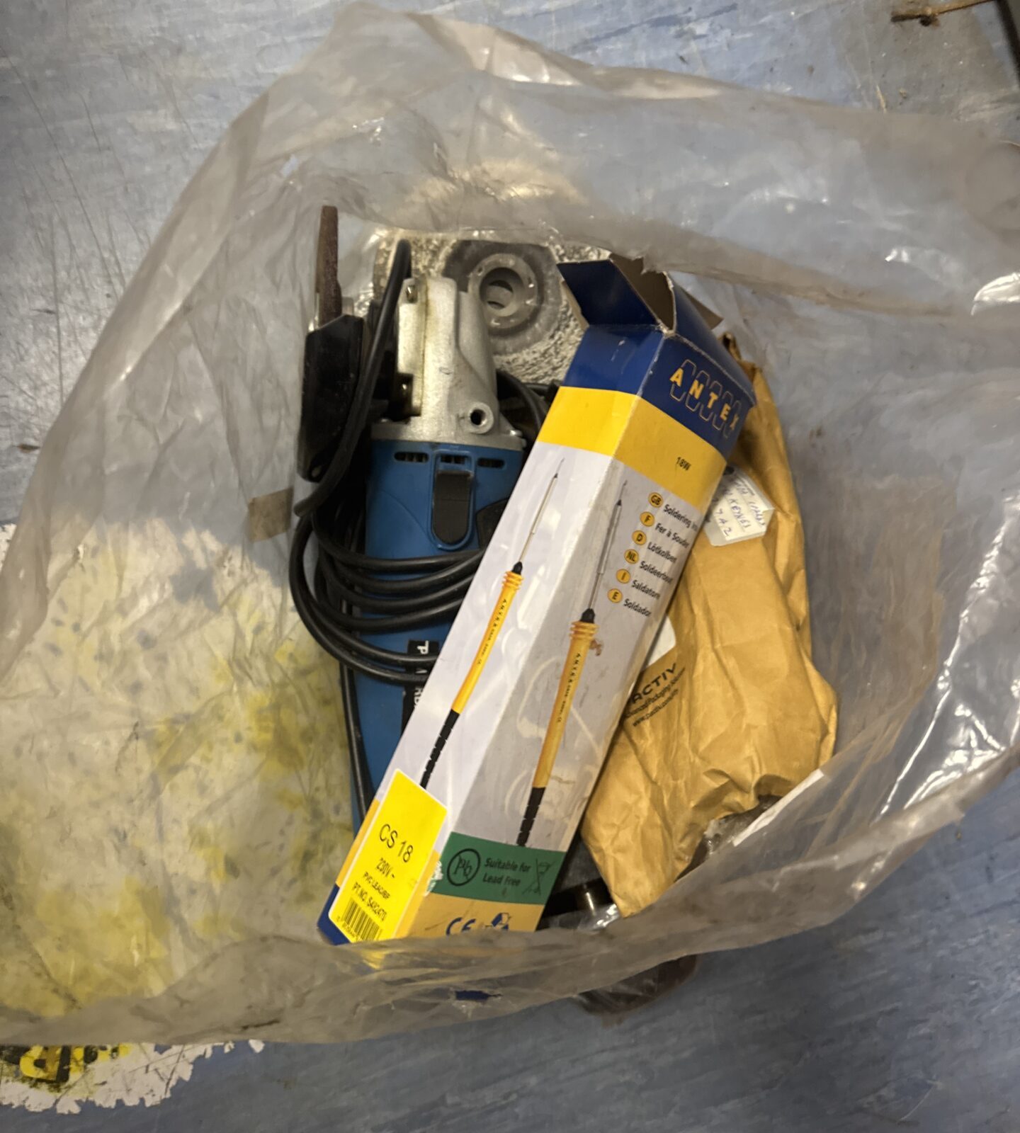 Bag of shed clearance items inc angle grinder & antes soldering iron