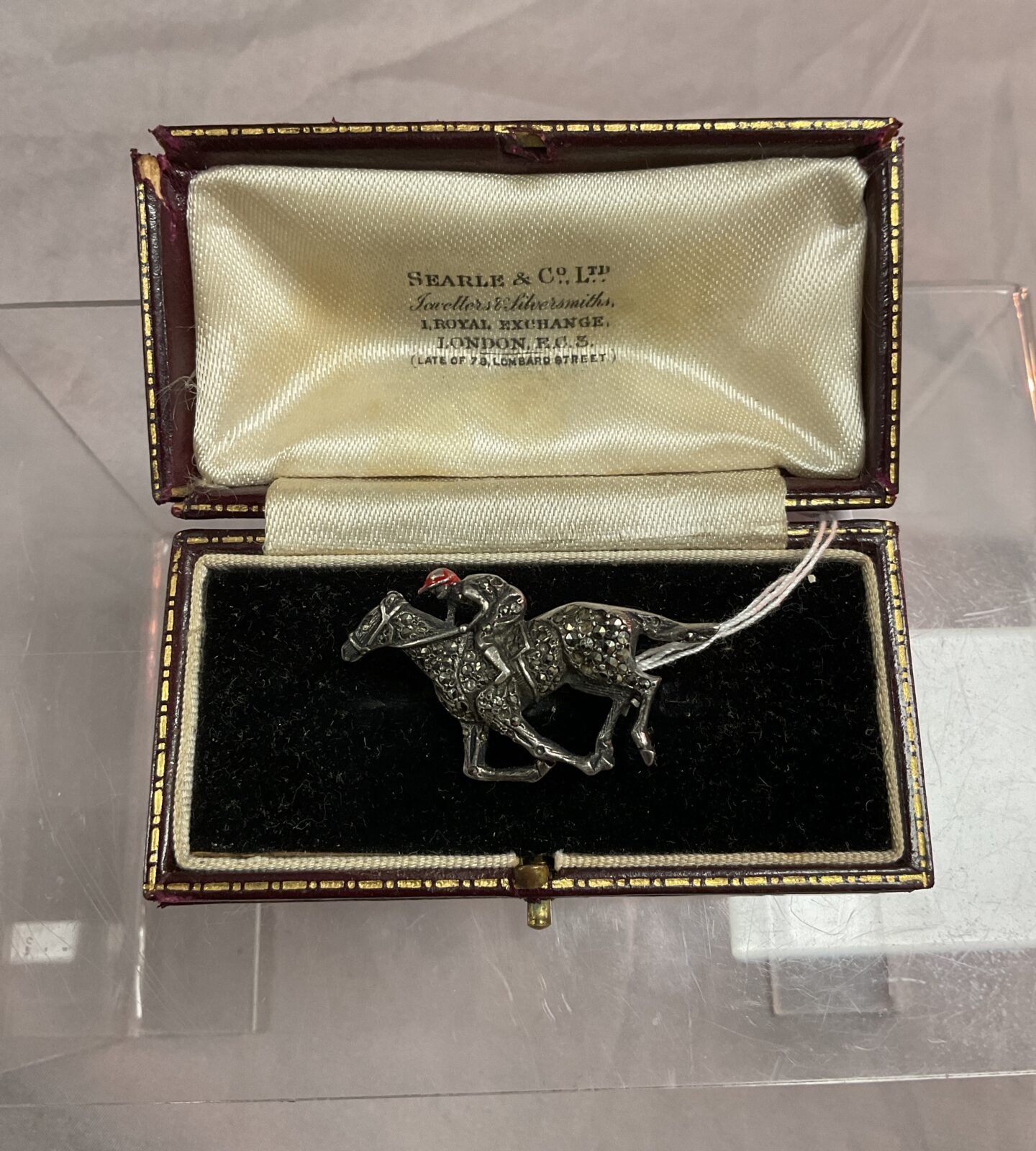 solid silver and marcasite horse and jockey brooch circa 1920s