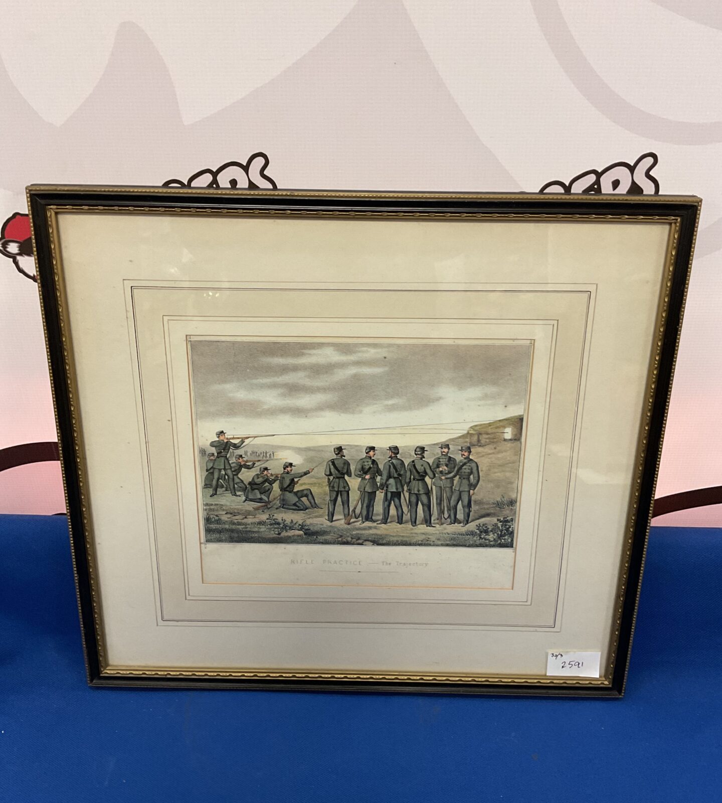 Antique framed woodblock print of ww1 soldiers titled rifle practice-the trajectory