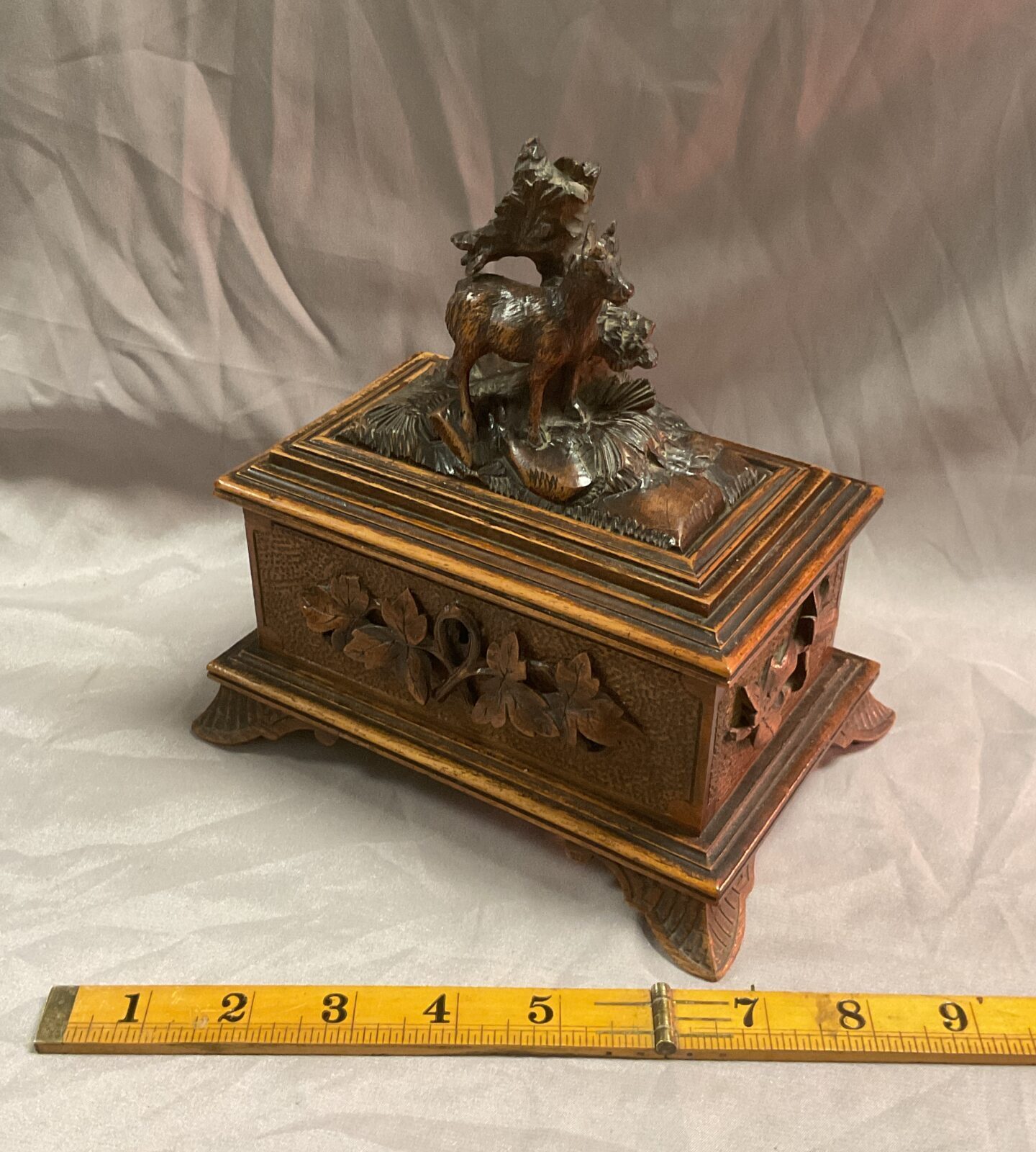 Antique Hand Carved Black Forest Oak Jewellery Box
