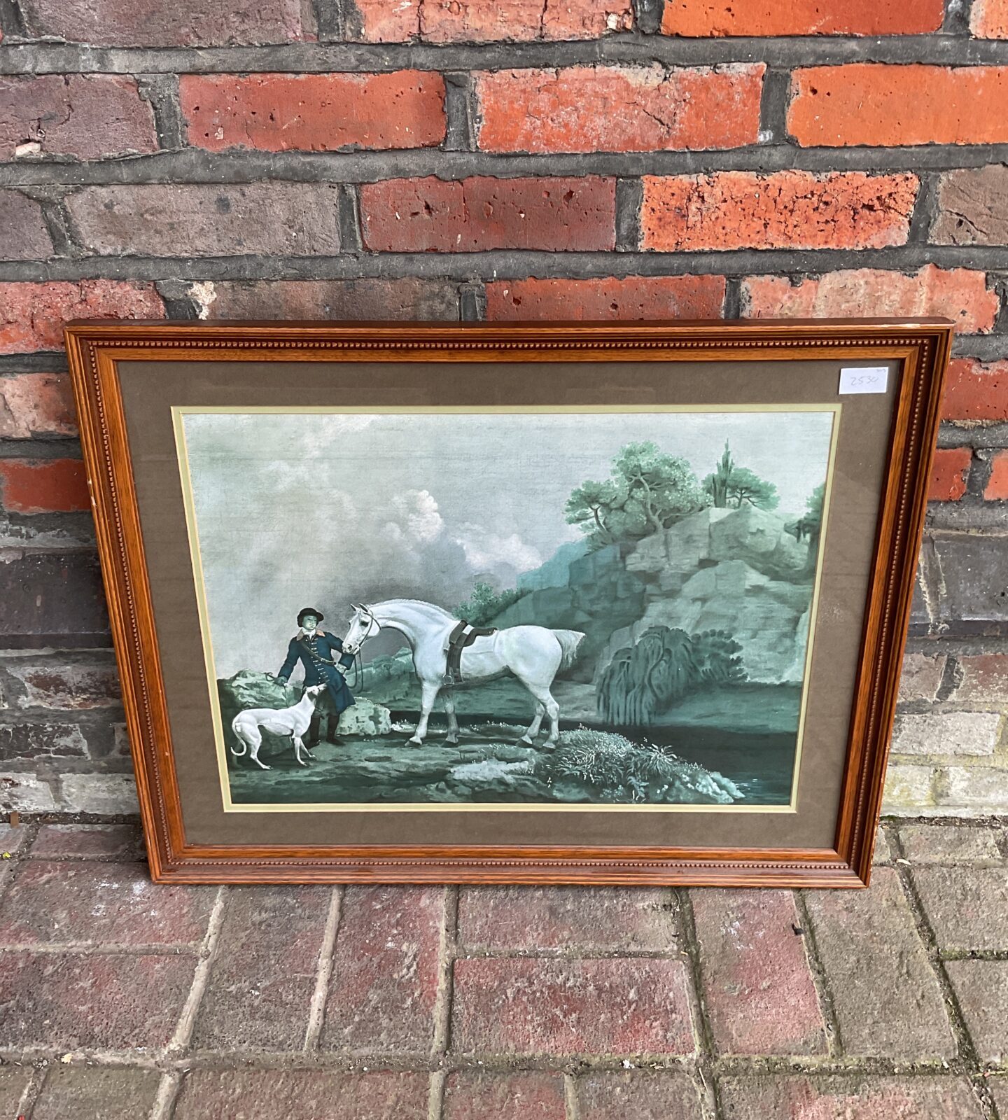 George stubbs framed print of a grey hunter with a groom & a greyhound