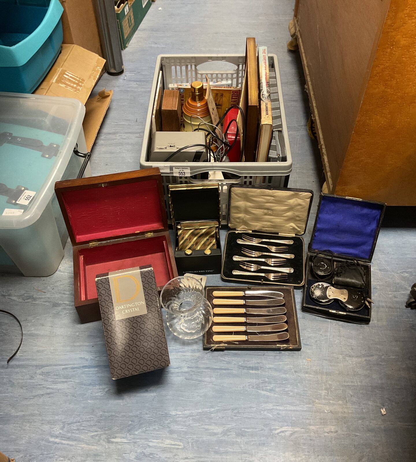 Box of mixed inc vintage cutlery sets, dartington crystal tulip vase and other