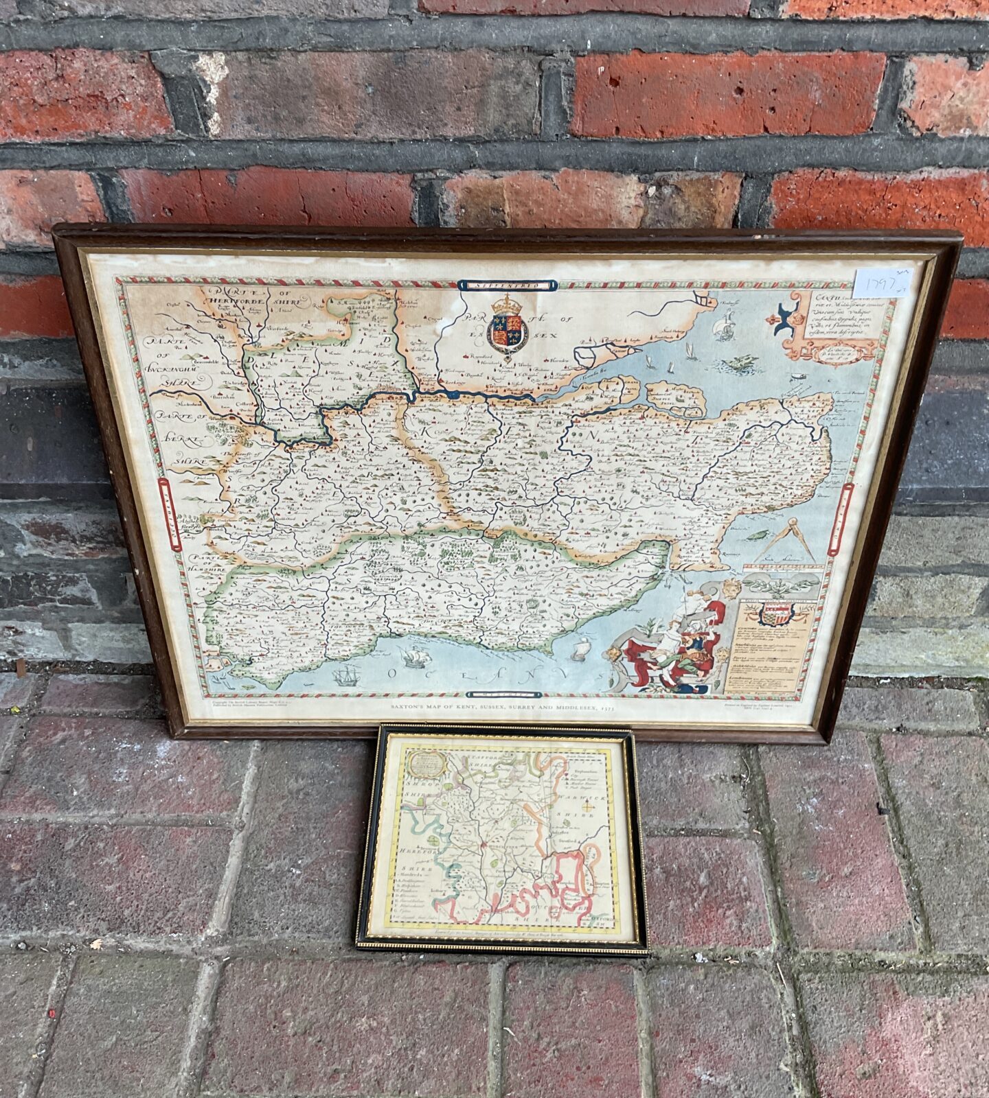 1575 reproduction sactons map of kent, sussex, surrey & middlesex with antique map of Worcester