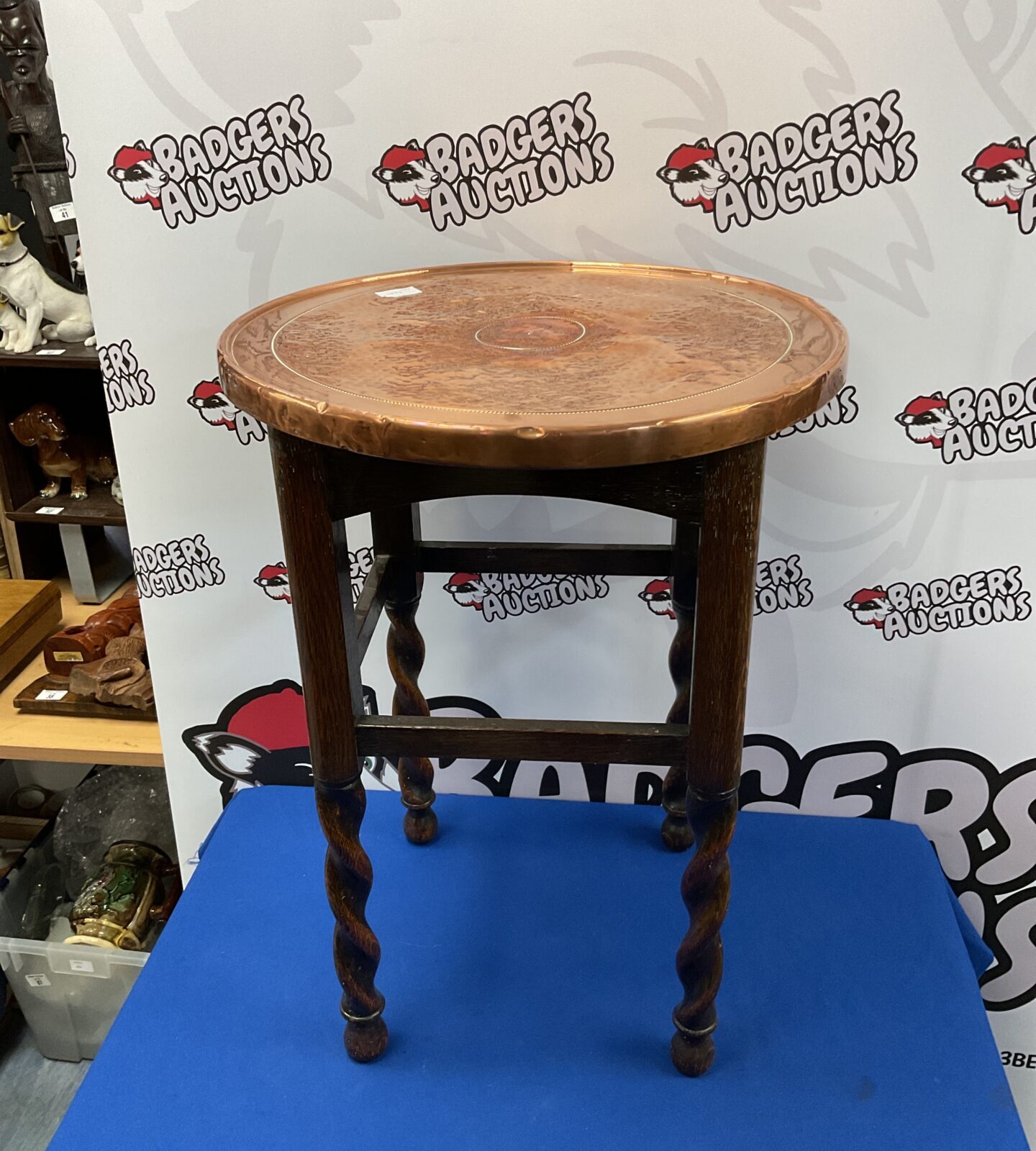 Antique hammered copper topped oak table with barley twist legs