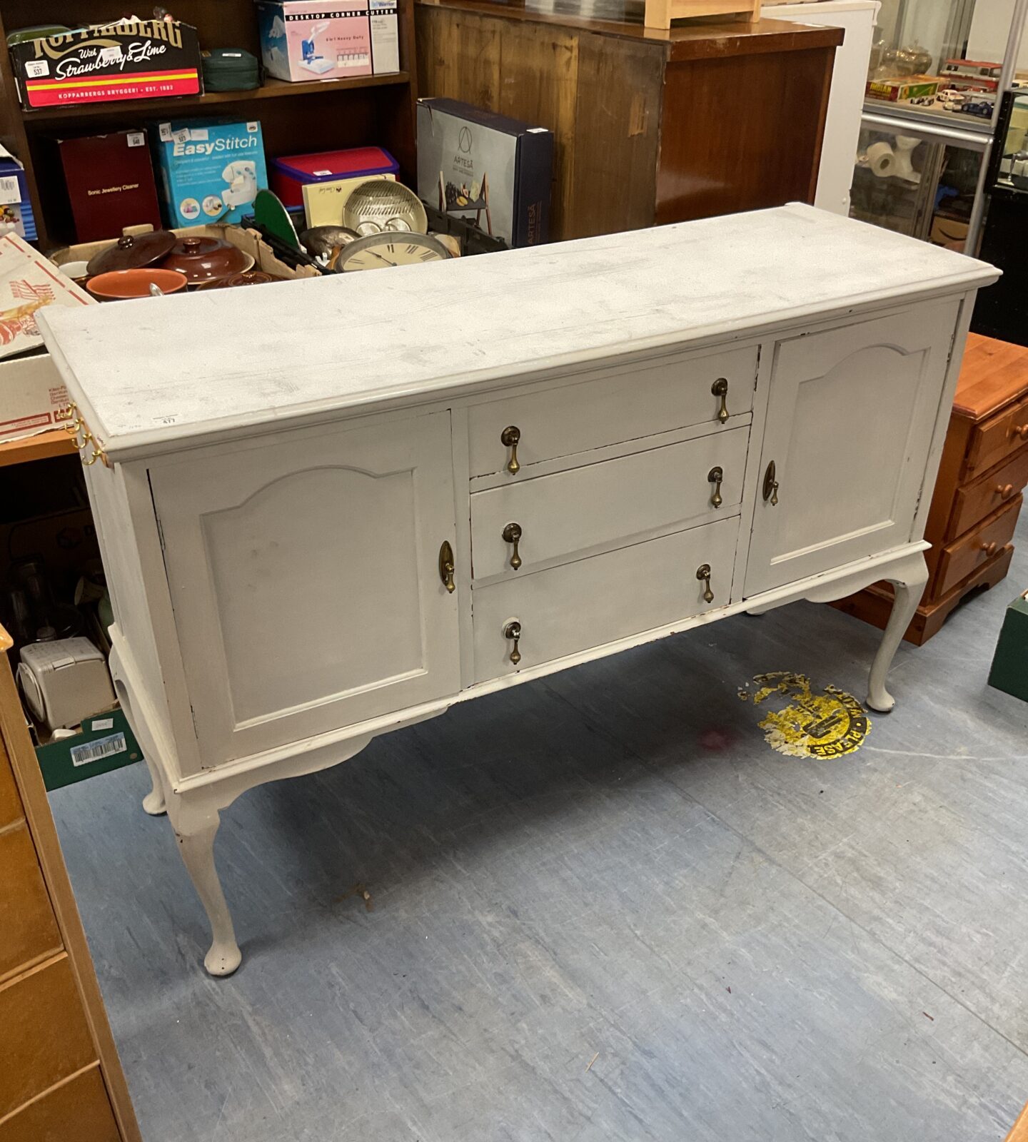 Shabby shic three draw brass handled sideboard cabinet