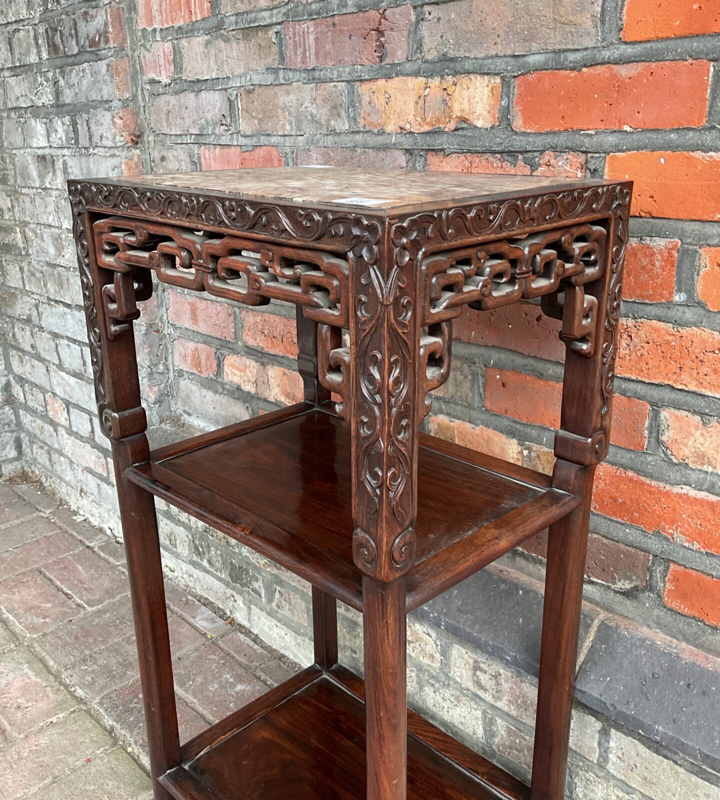 Chinese hardwood two tier occasional table with inset marble top & carved frame - Image 2