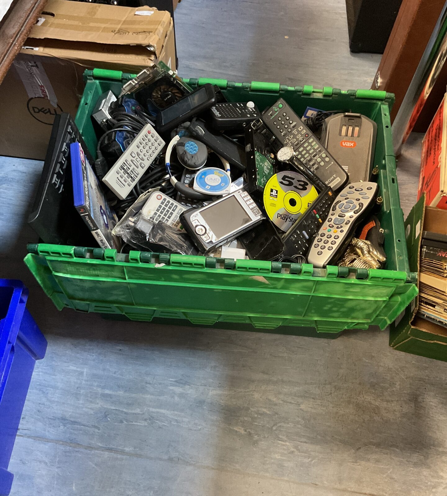 Large crate of mixed electricals, gaming and IT items inc remotes