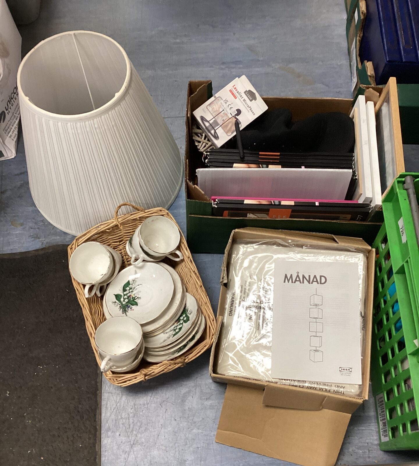 Box of mixed house clearance inc new ikea manad ceiling light shades, lcd writing tablets & china tea set