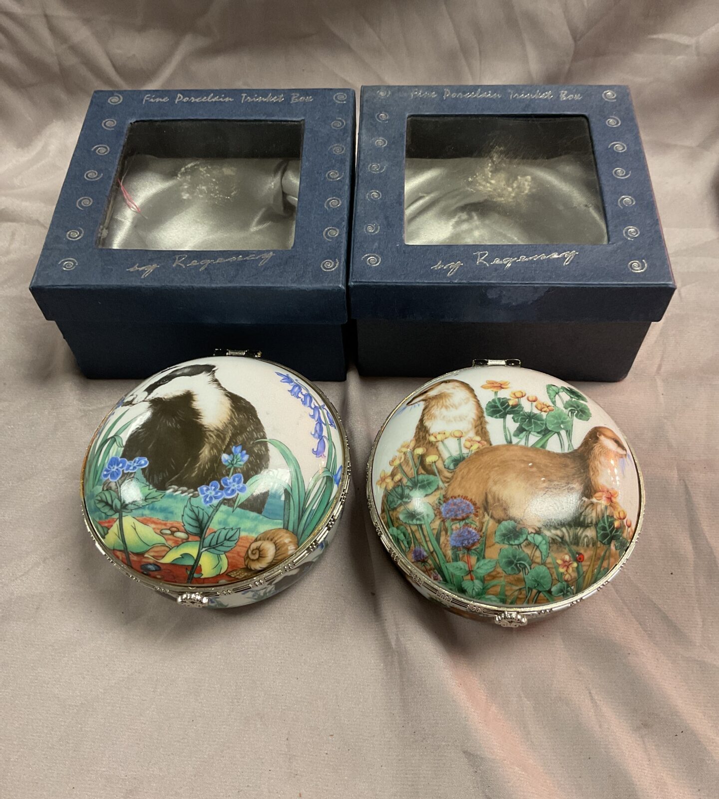 Two Regency Fine Arts Porcelain 4” trinket boxes