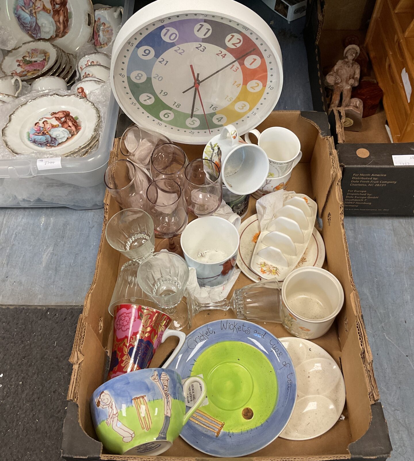 Box of mixed kitchenware inc Beth Whittard hand painted Tea Cup