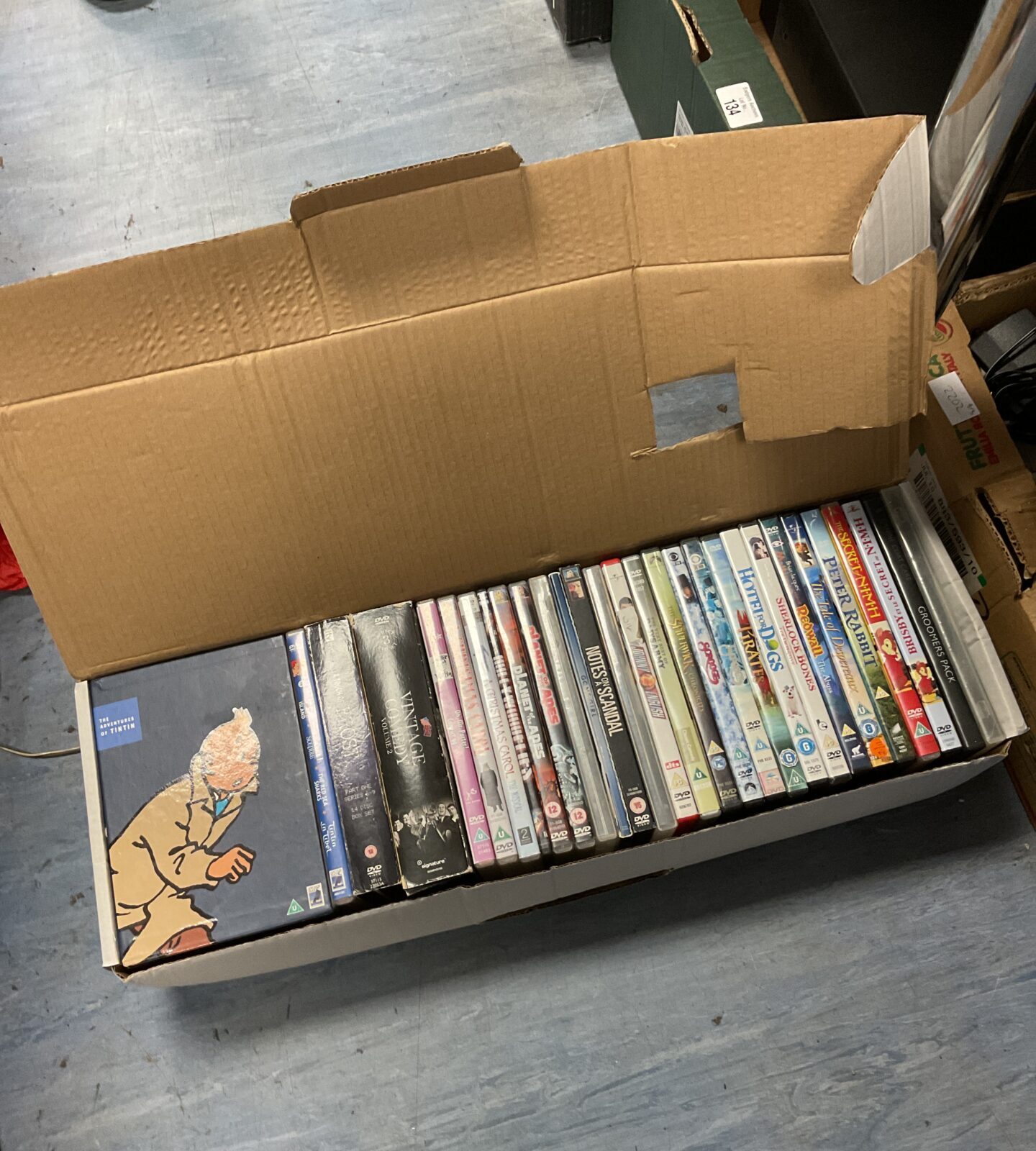 Tray of dvds inc tintin boxset