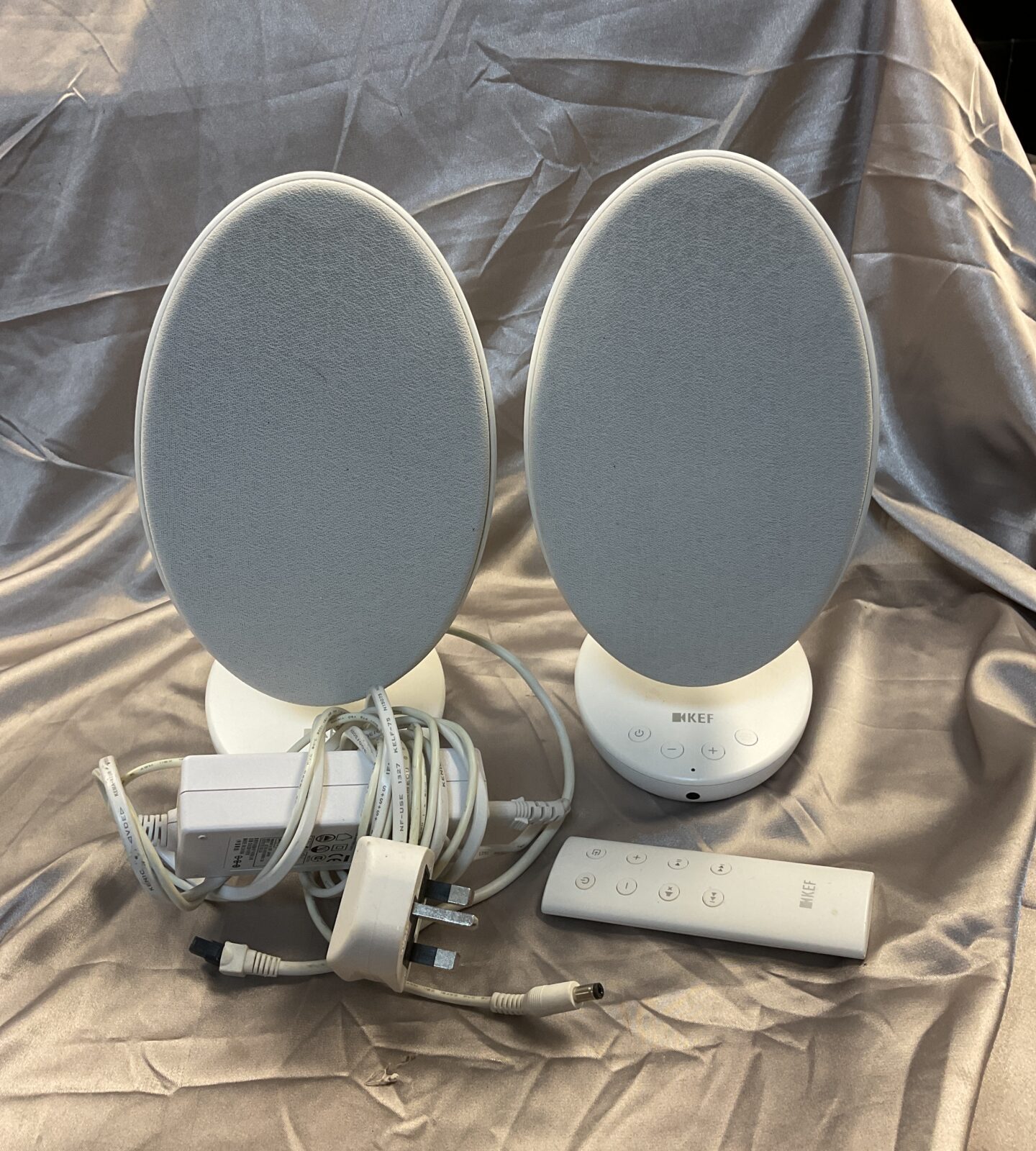 Pair of kef egg speakers with power supply & remote