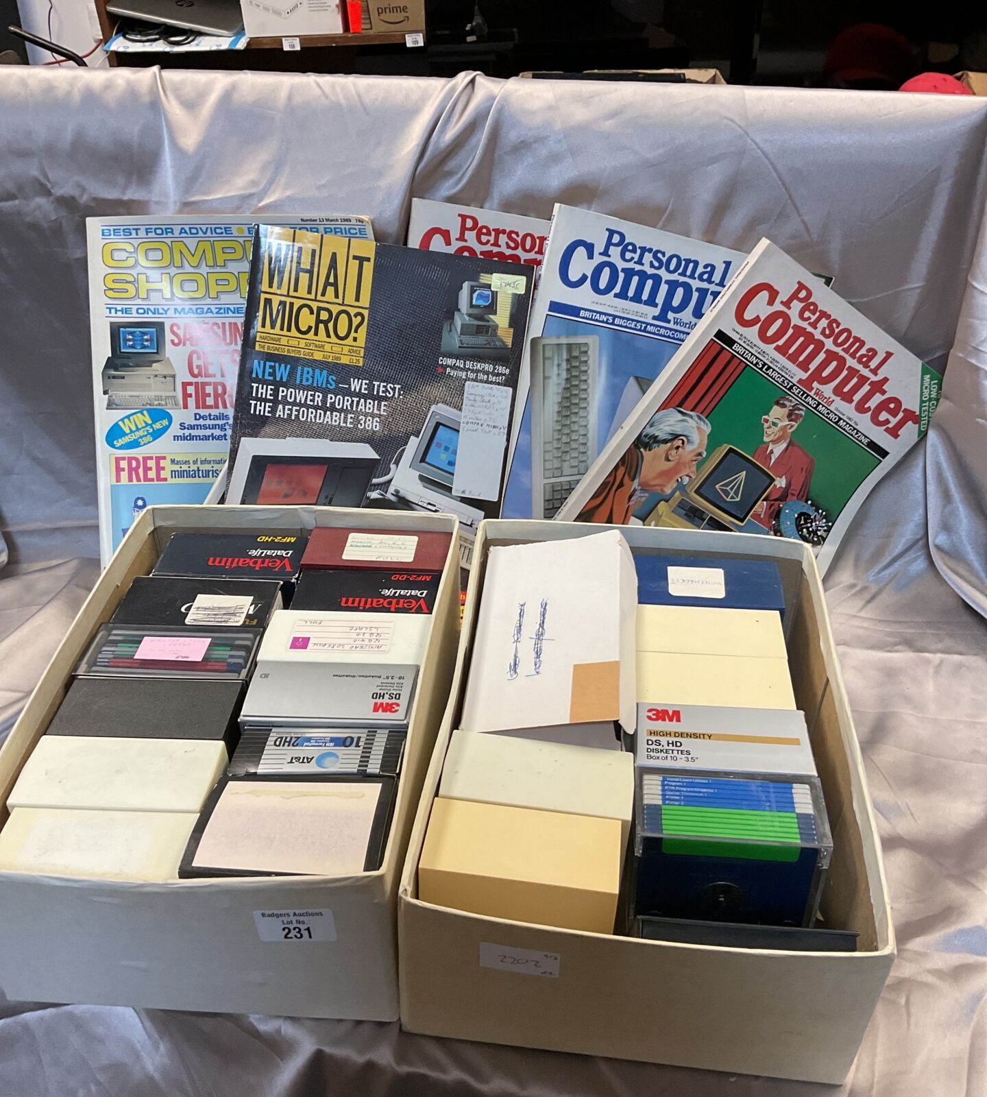 Two boxes of floppy disks & selection of vintage computing magazines