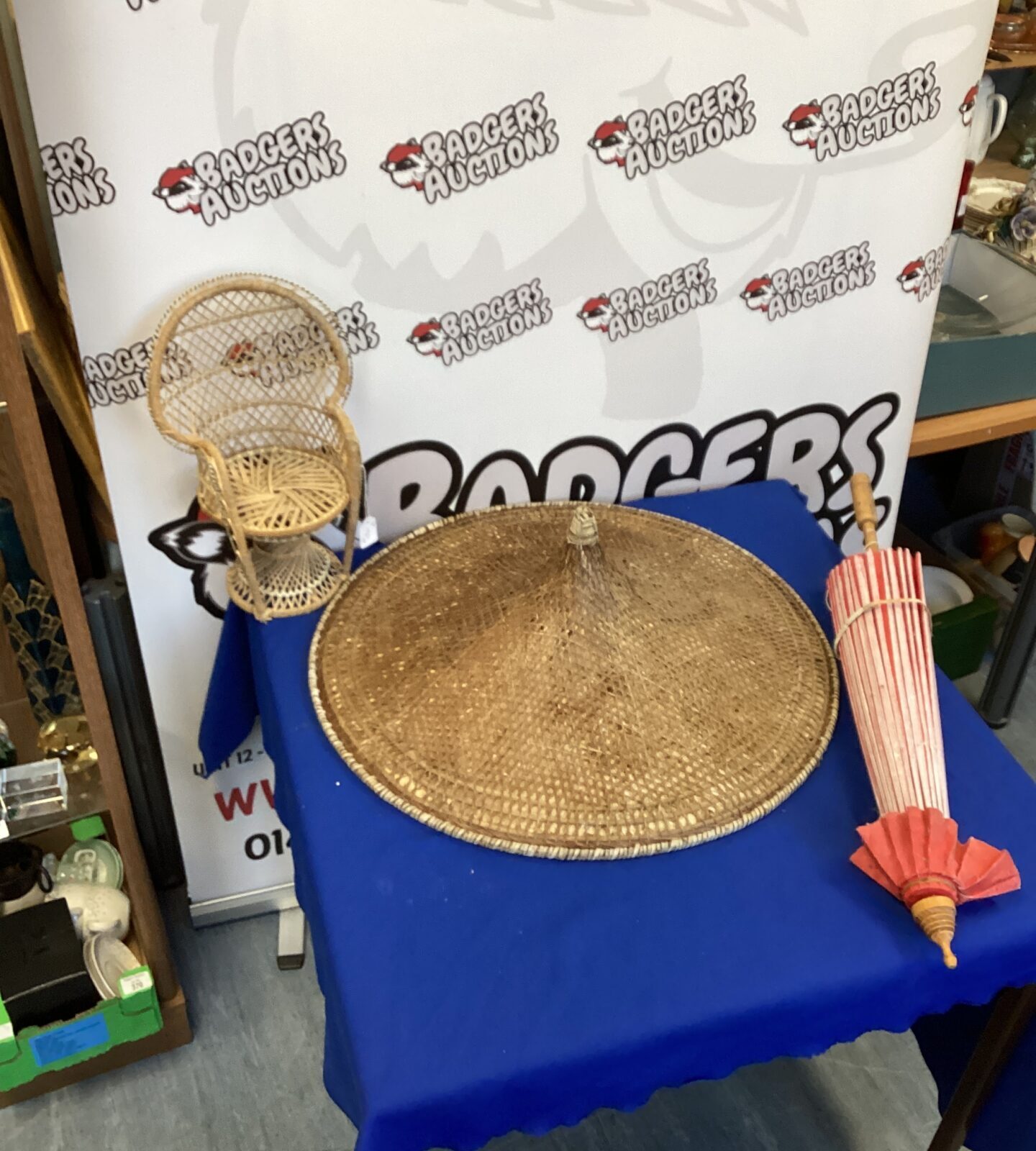 Chinese bamboo coolie hat sun shade  Parasol and small wicker dolls  chair