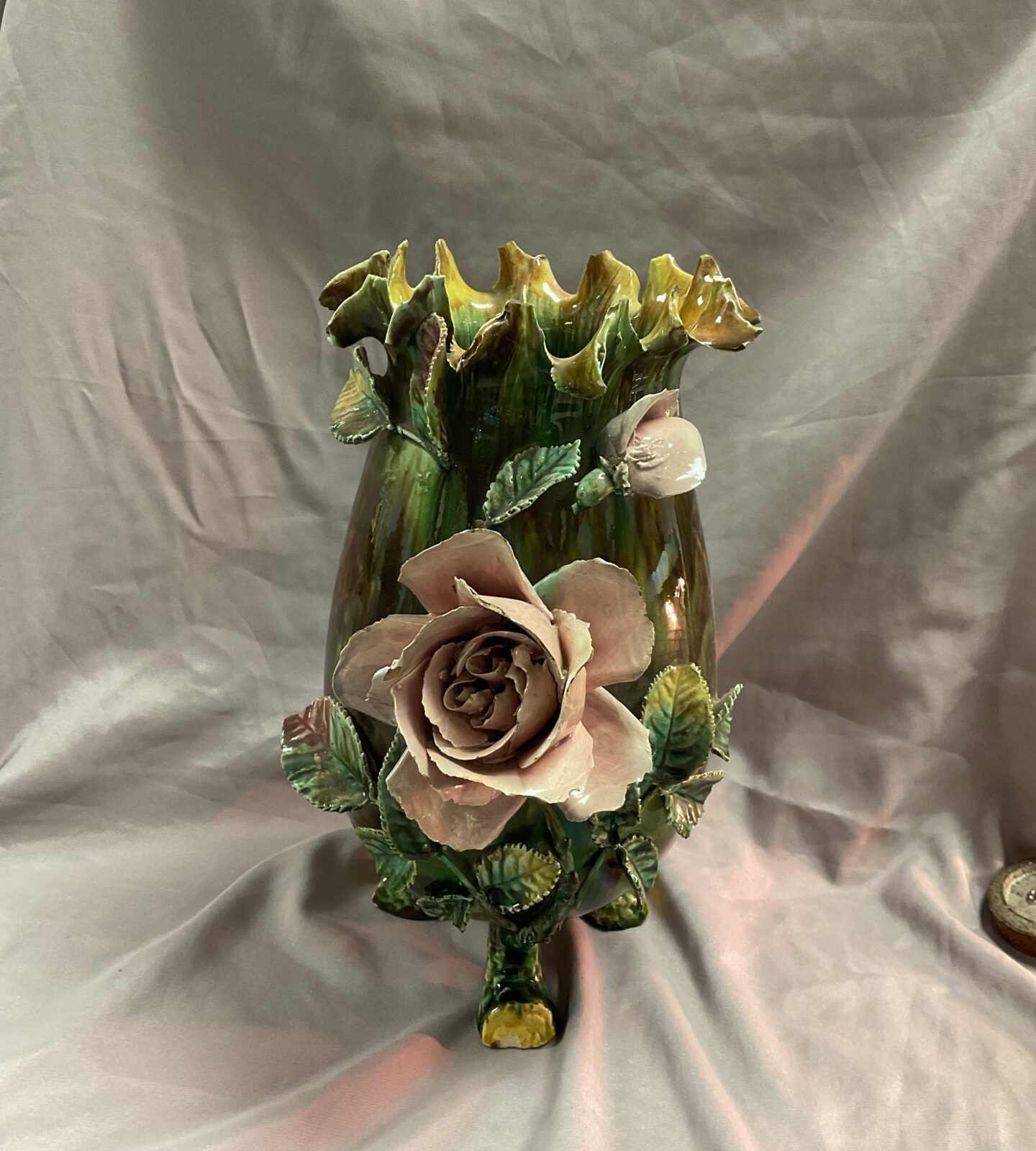 Vintage 12” French barbotine pot with floral decoration some minor damage
