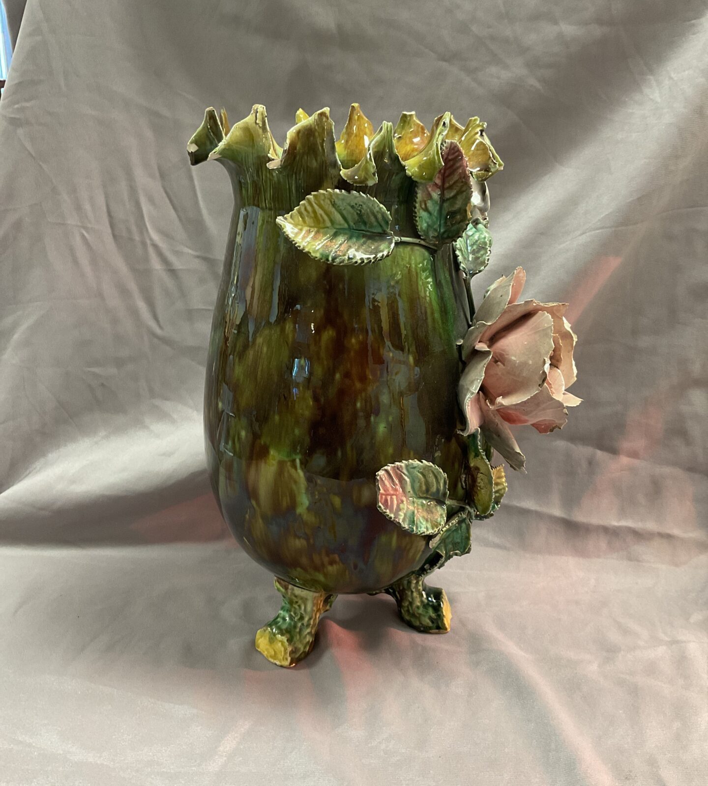 Vintage 12” French barbotine pot with floral decoration some minor damage - Image 2