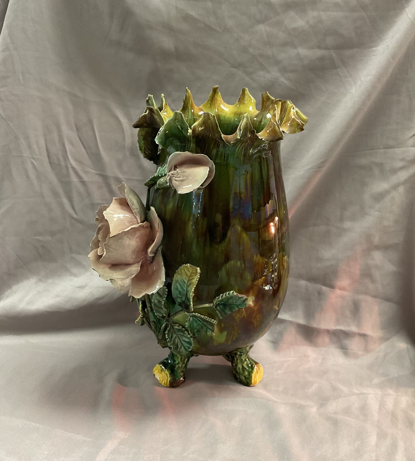 Vintage 12” French barbotine pot with floral decoration some minor damage - Image 3
