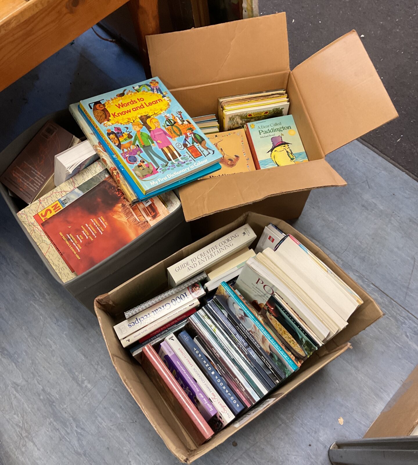 3 boxes of books inc vintage children's books & cook books