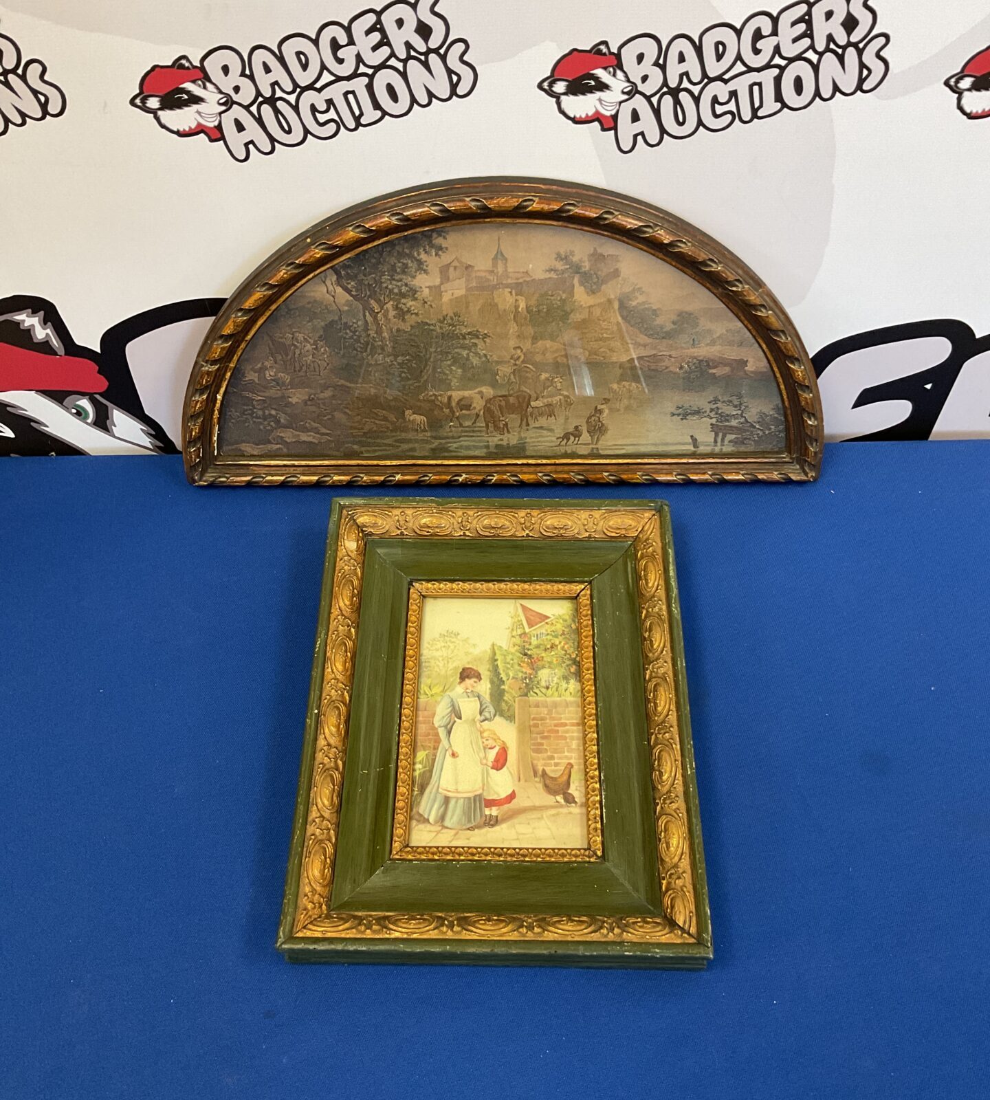 Victorian print of mother & child & framed engraving of a river castle scene