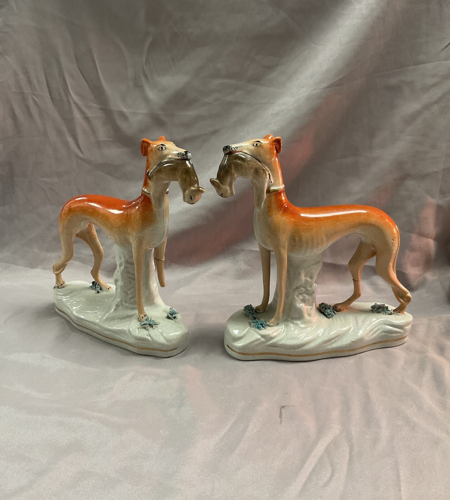 Vintage pair of 8” Staffordshire whippets slight damage To legs