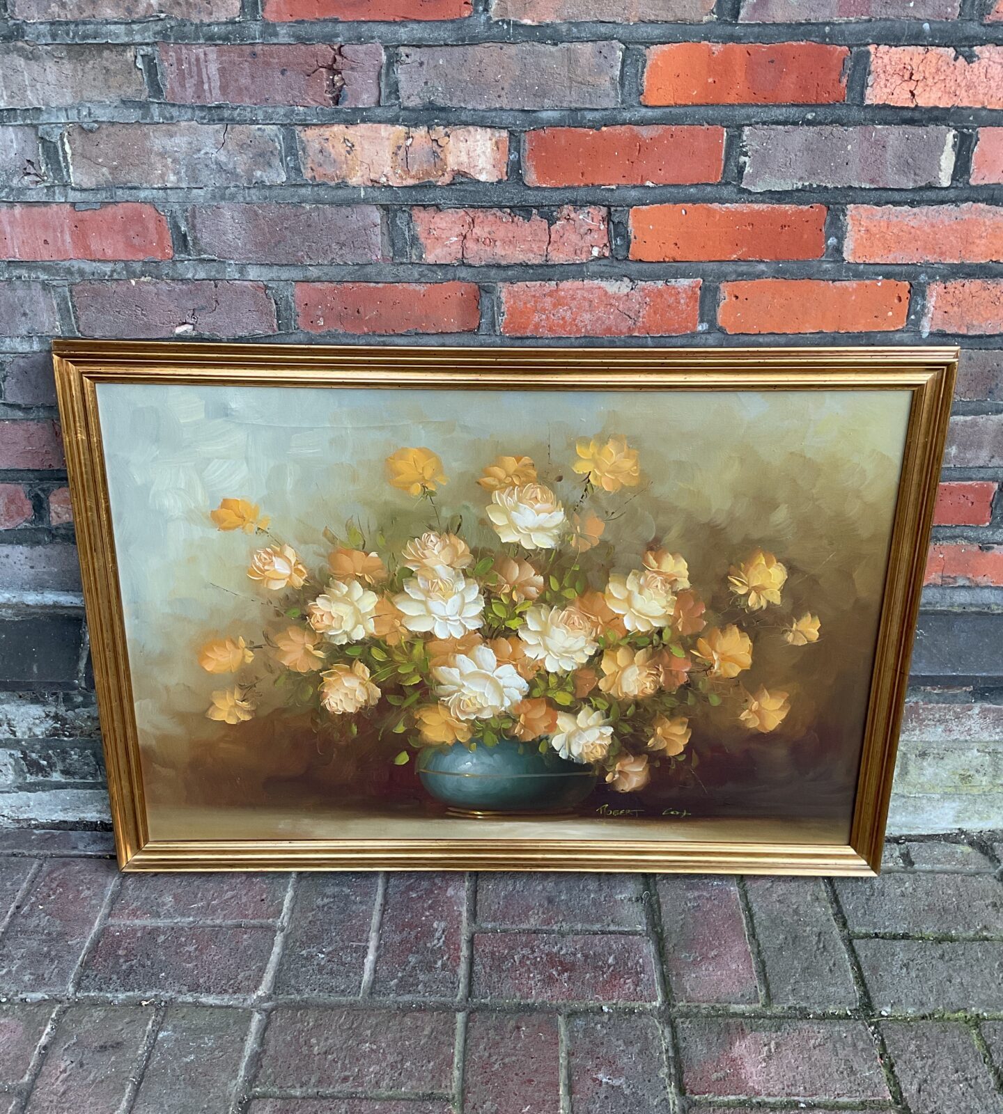 Large gilt framed still life oil painting of roses in vase signed robert cox