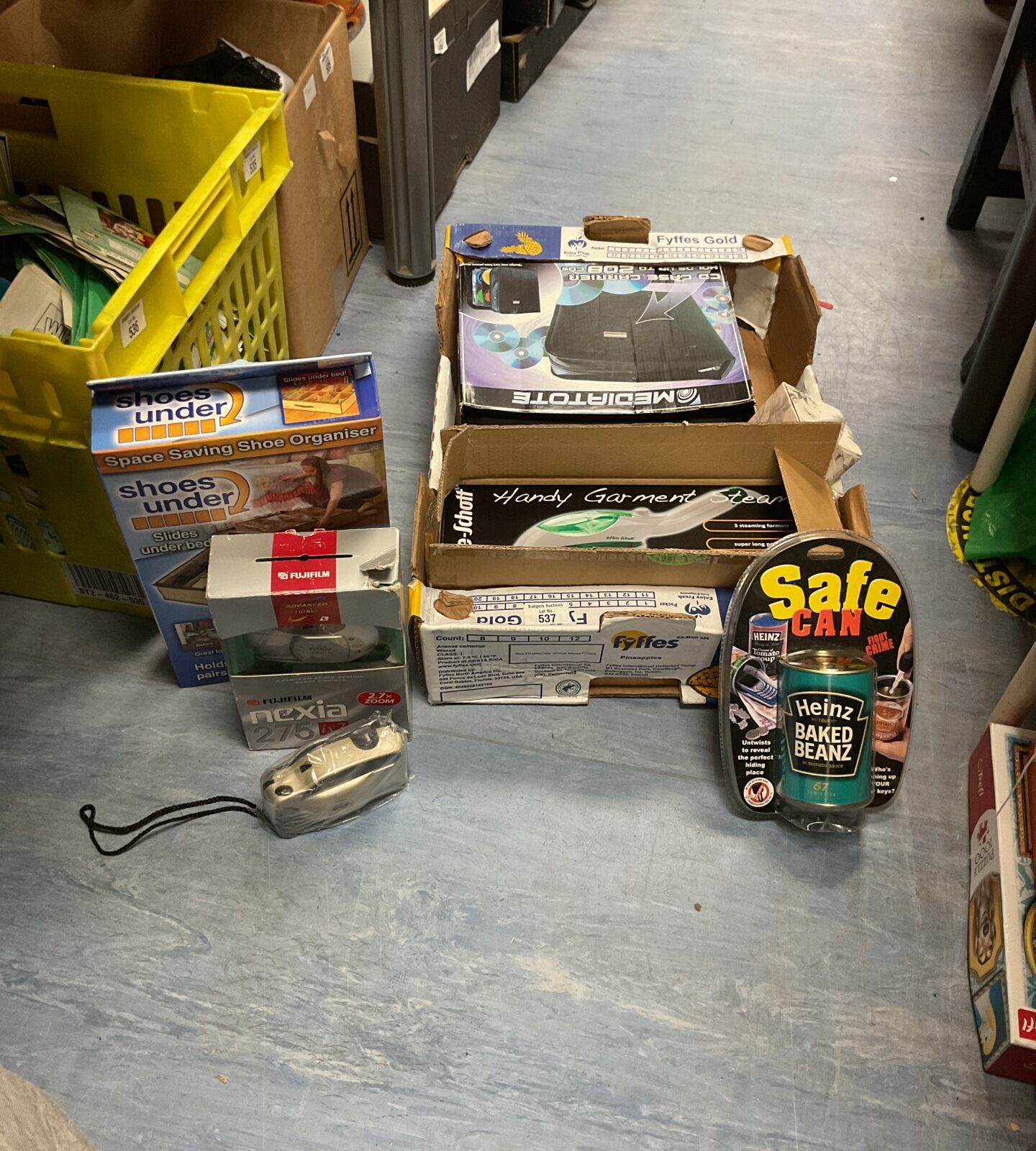 Box of mixed inc safe can, cameras and handy garment steamer