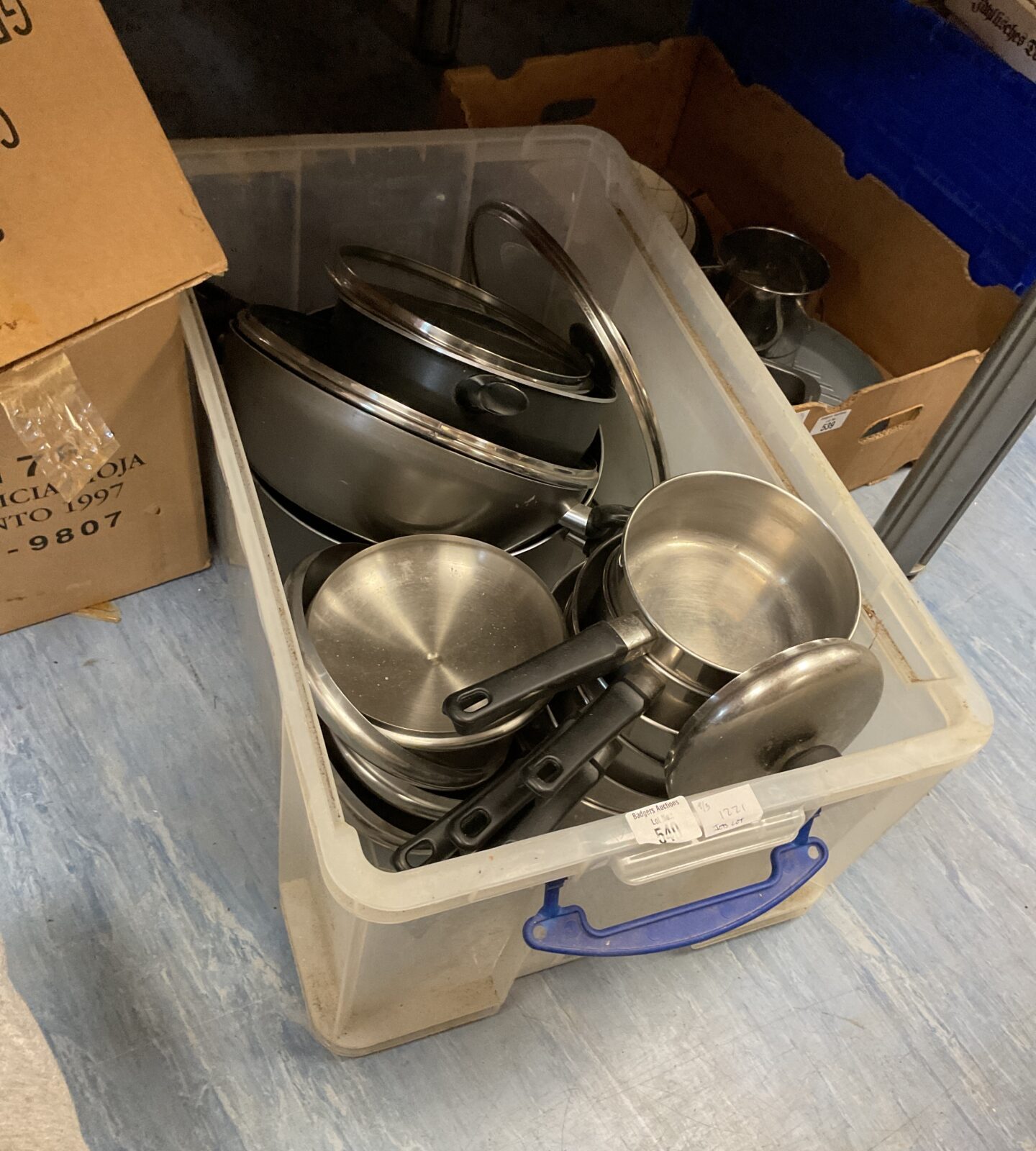 Box of mixed pots and pans