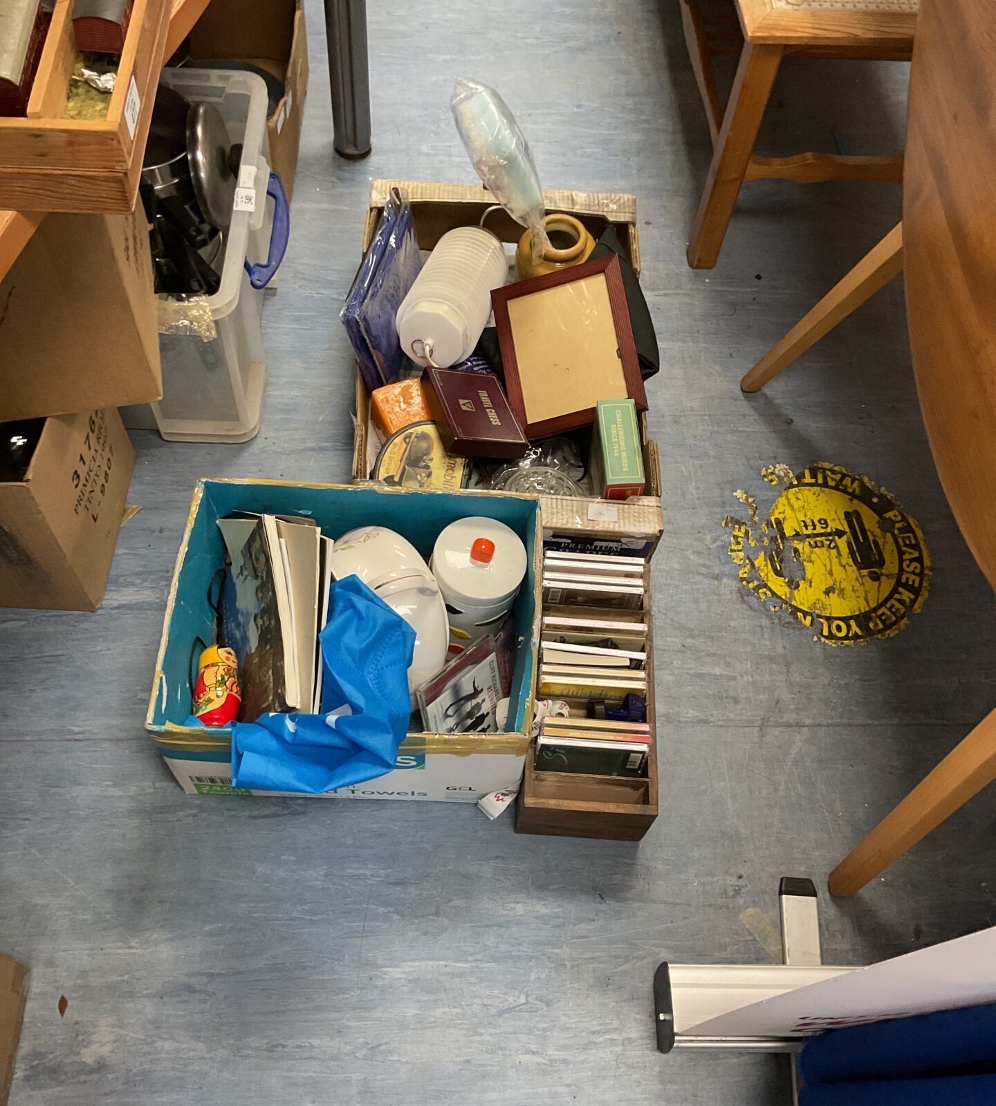 Two boxes of mixed inc pottery and cds