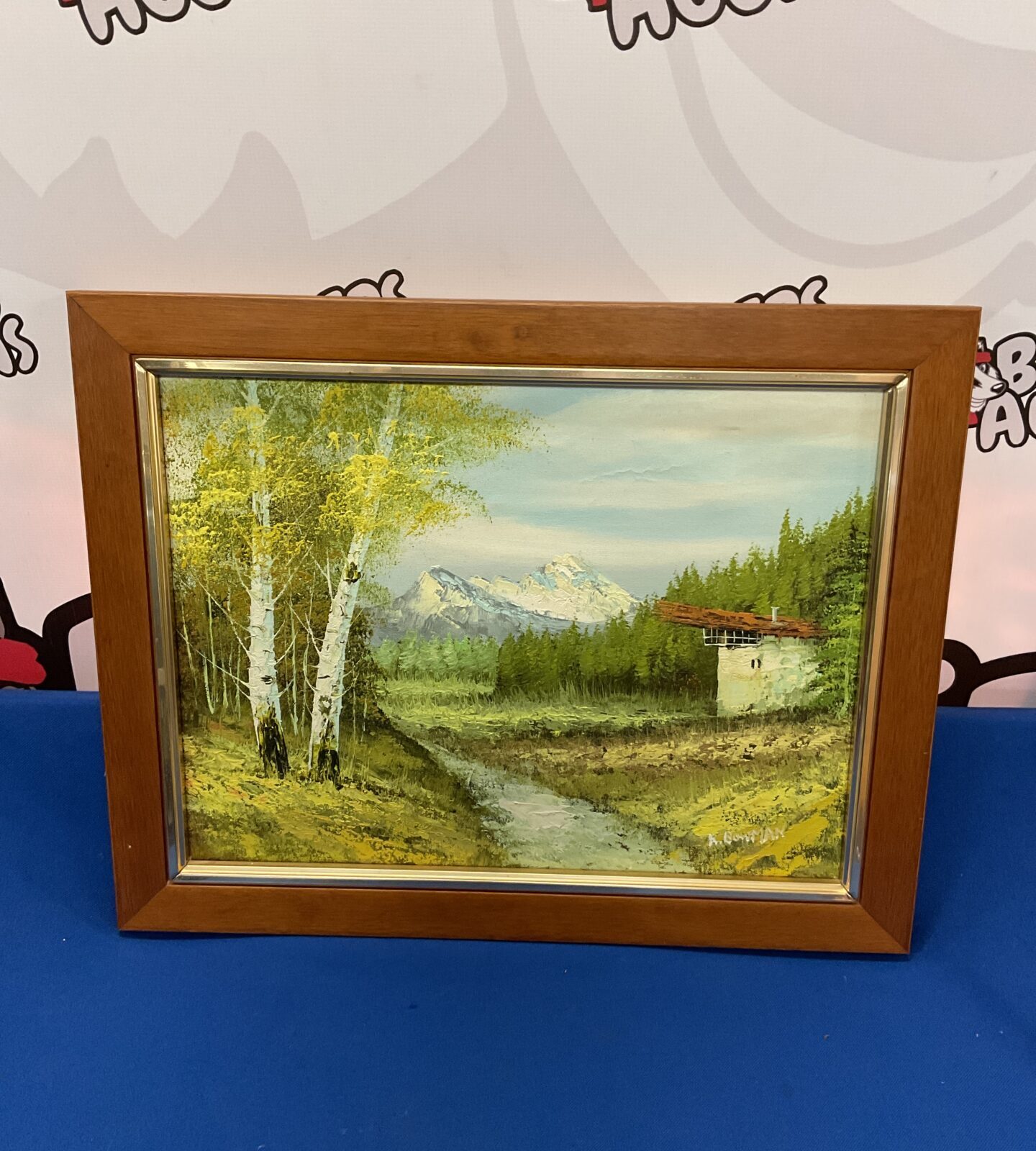 Keith bowman signed oil painting of a river scene with mountains