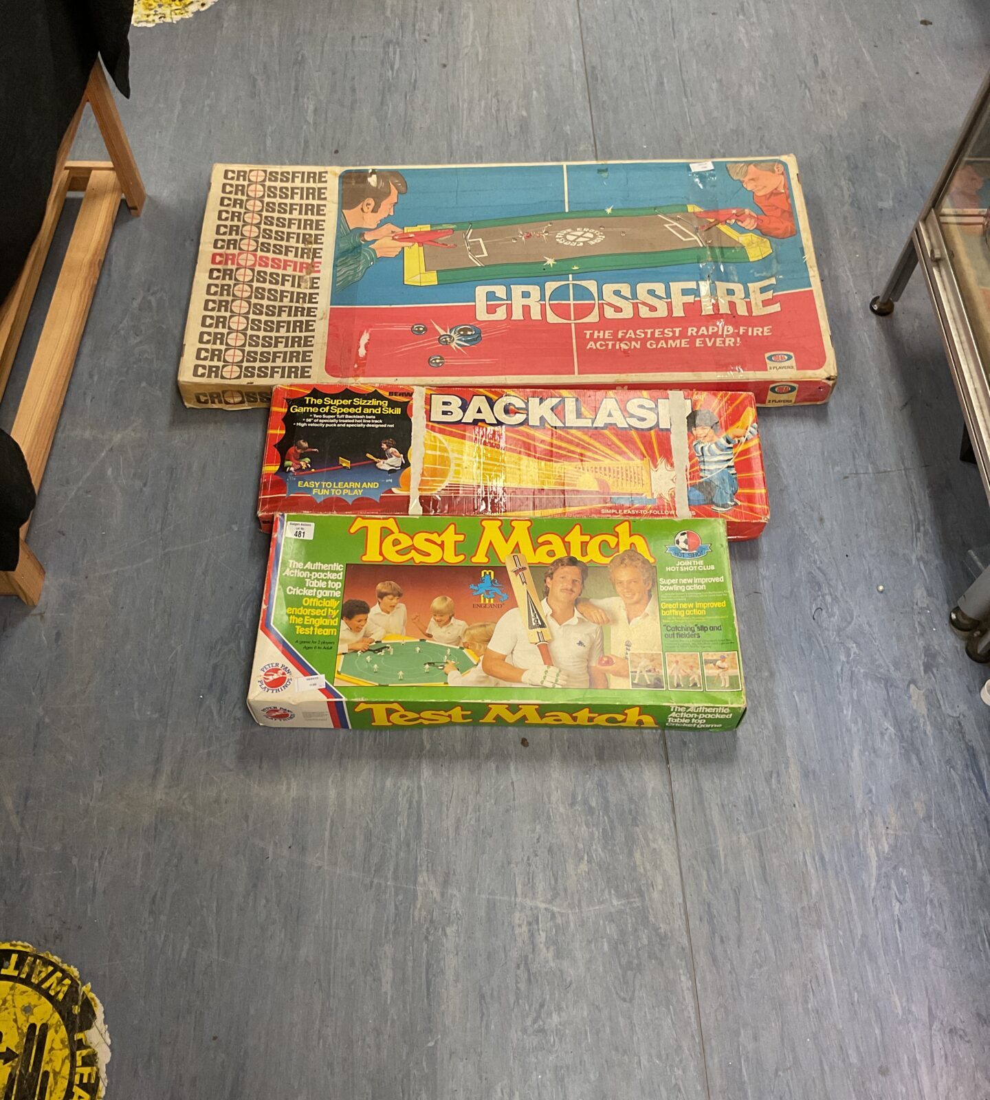 Three vintage board games inc crossfire, backlash and test match