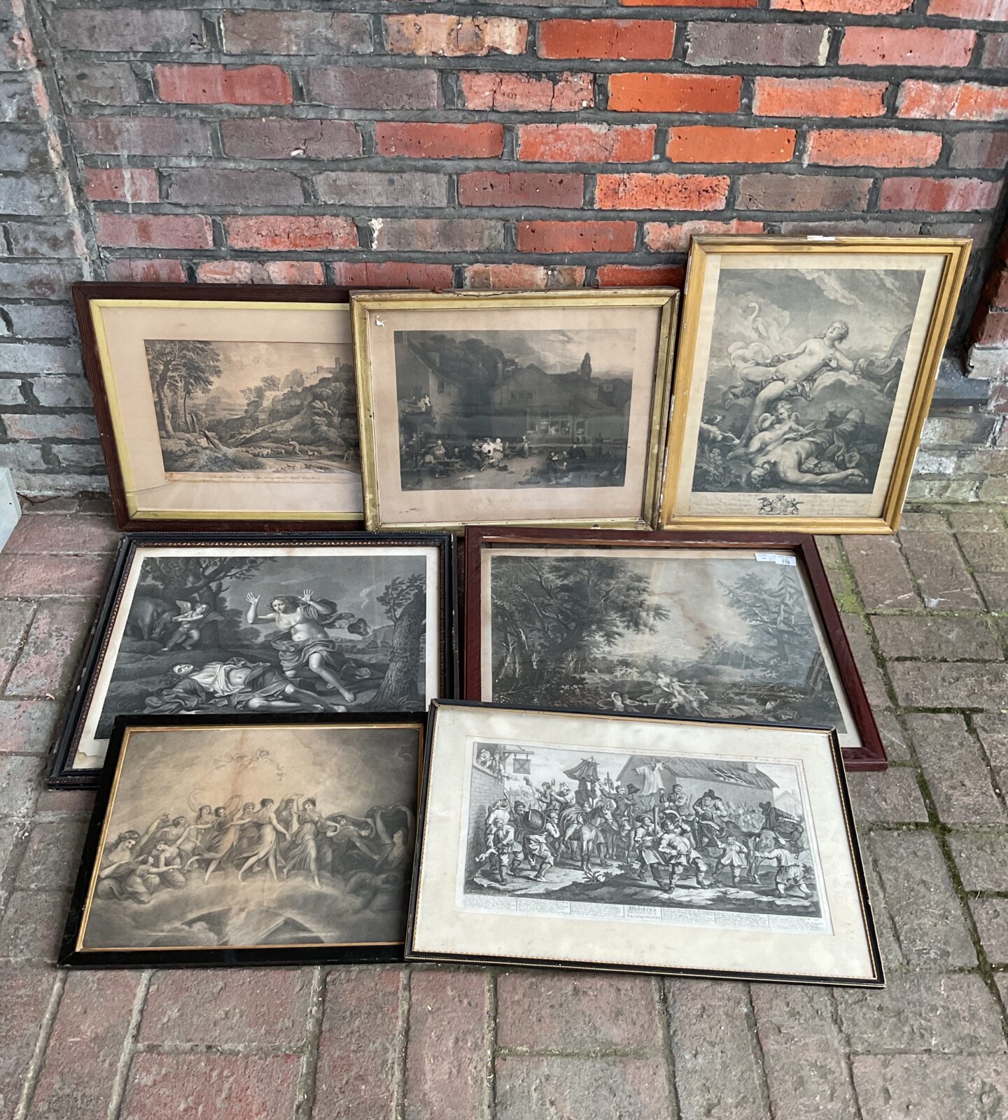 Collection of antique framed etchings & engravings