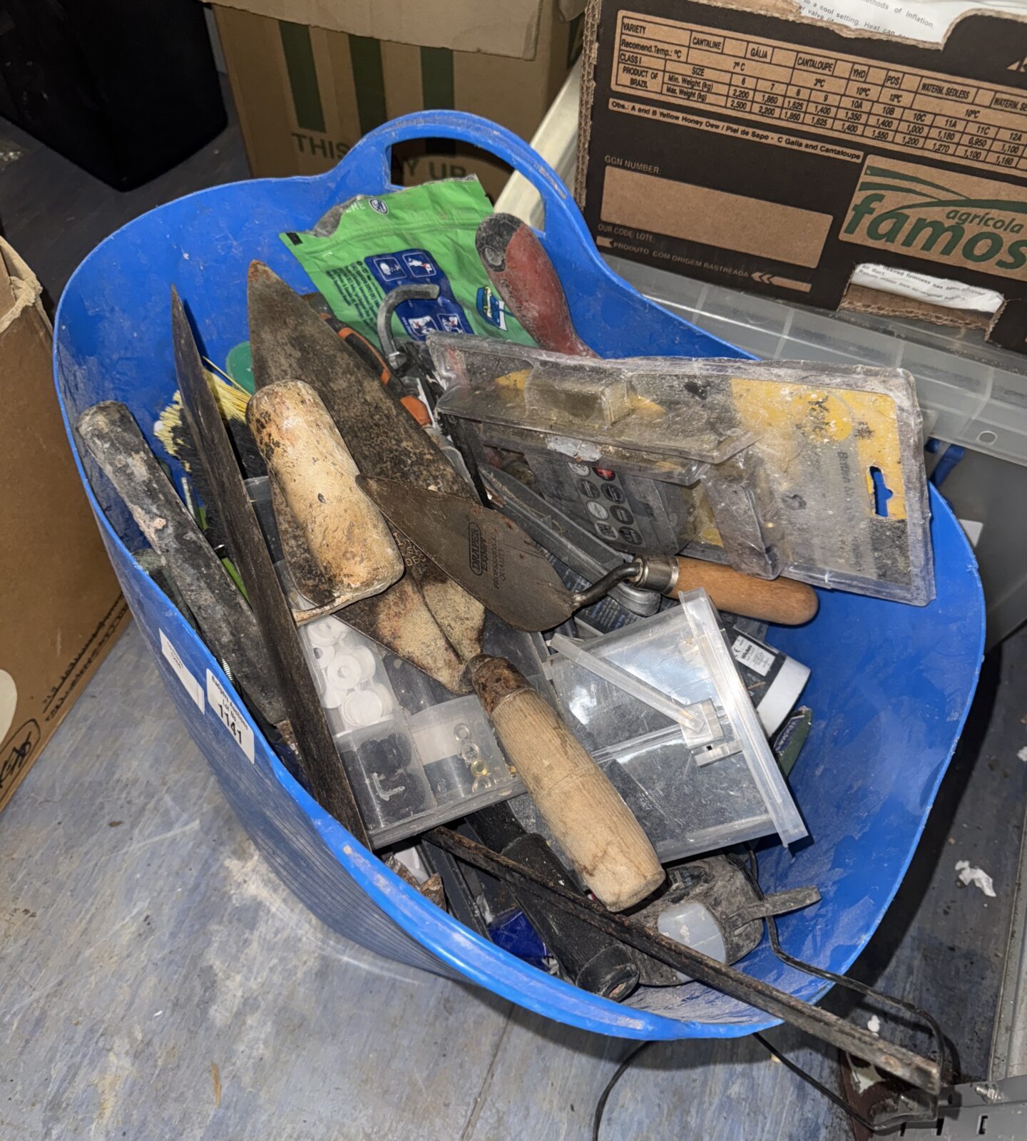 Large bucket of assorted tools & hardware