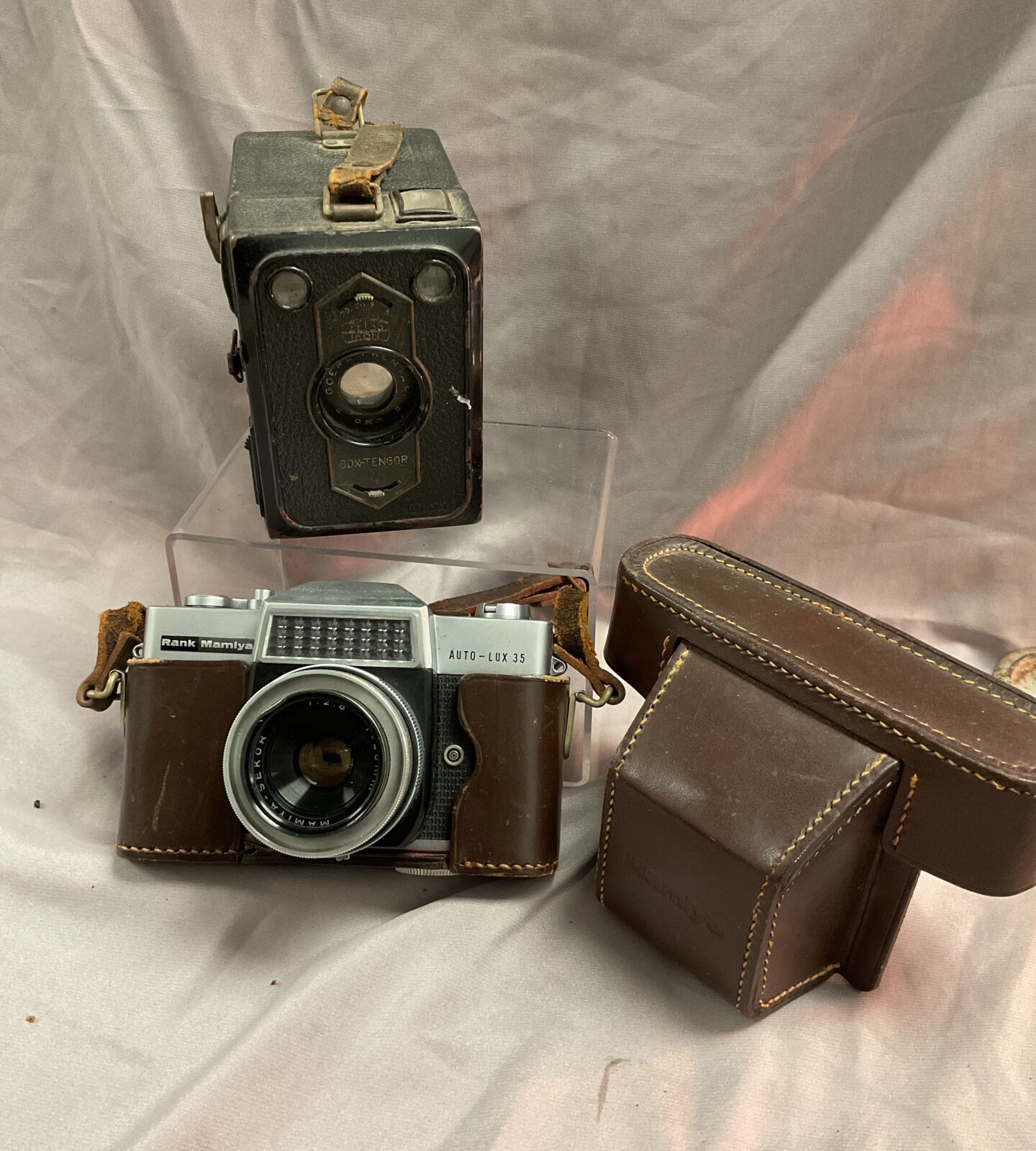 Vintage zeiss icon box camera and rank kamiya auto lux 35mm camera