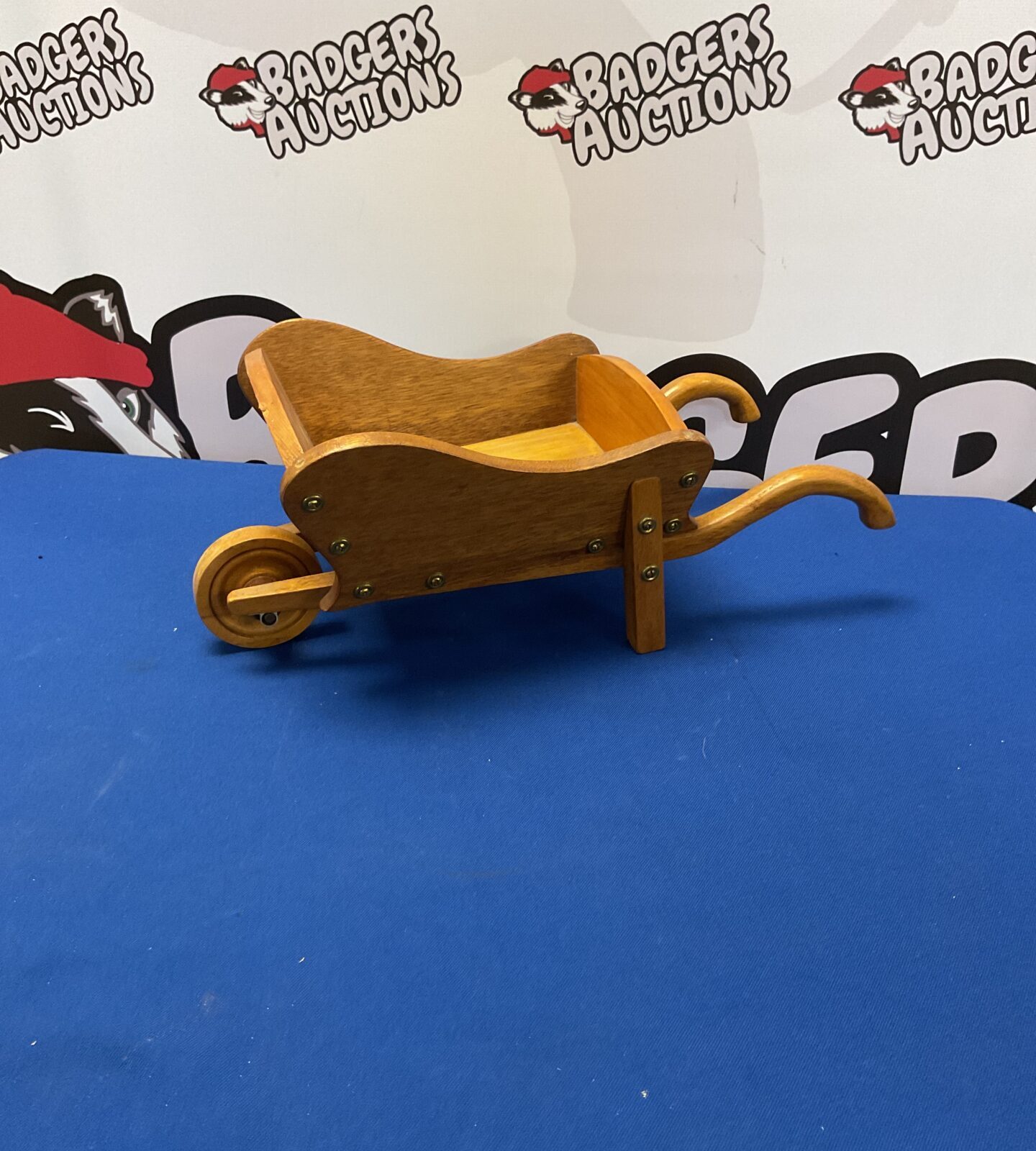 Small wooden wheelbarrow pot holder decoration