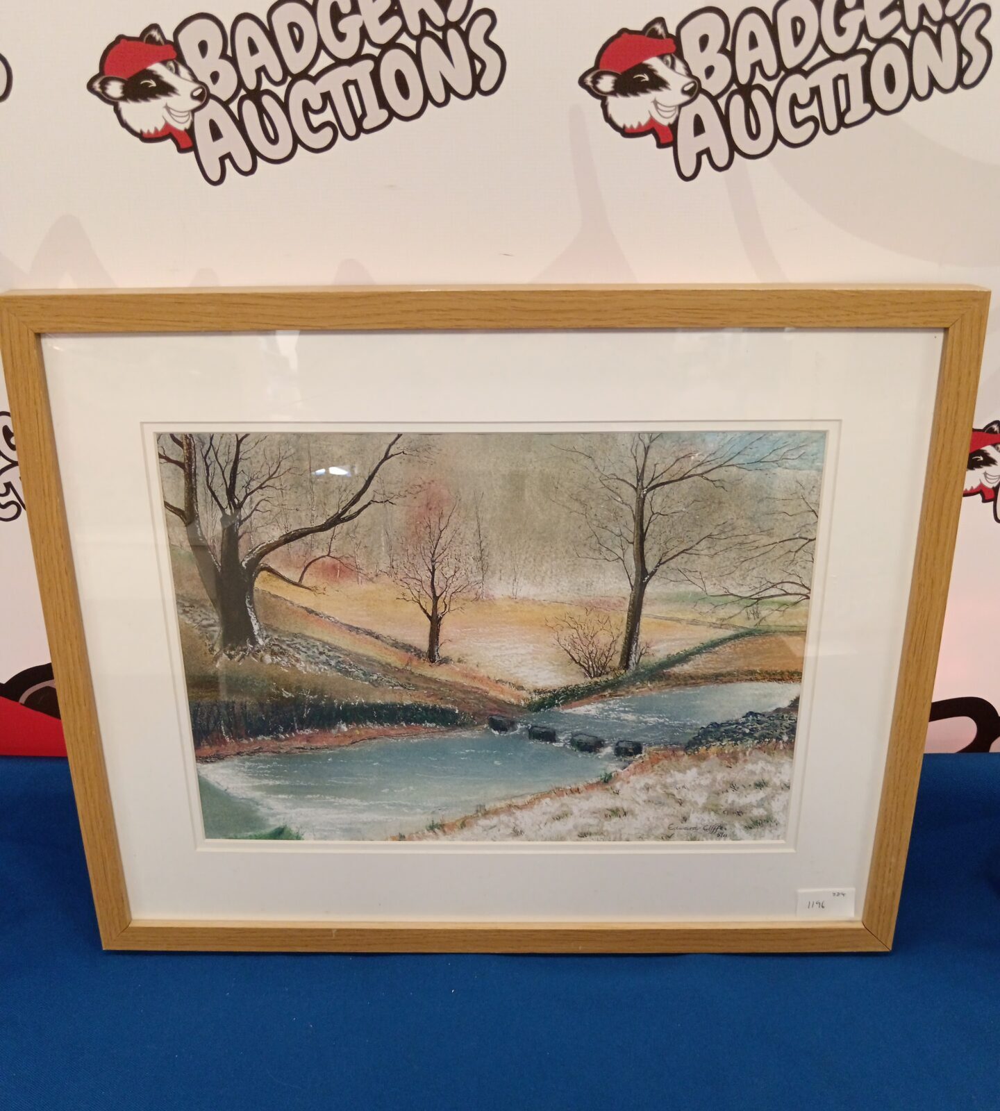 Edward cliffe signed pen & pastel artwork titled last mile wood Derbyshire of a river with stepping stones