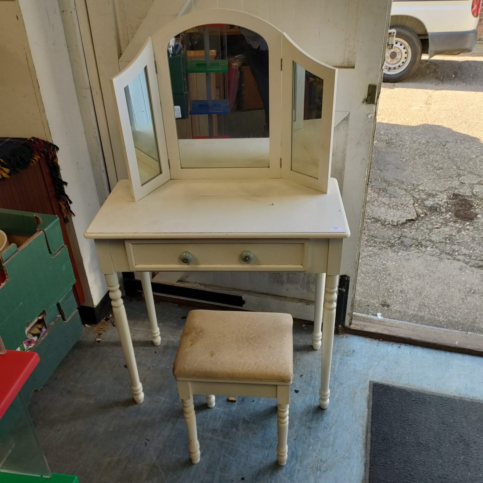 White dressing table with mirrors & stool