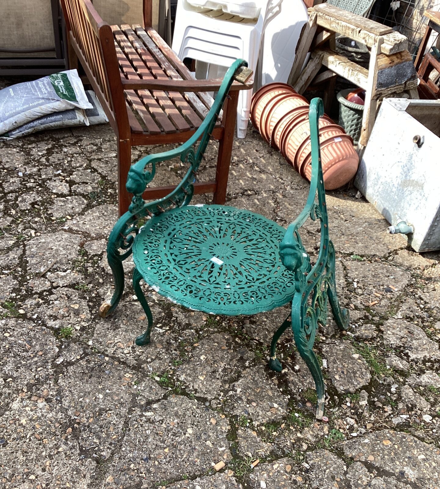 Small metal garden table with bench ends
