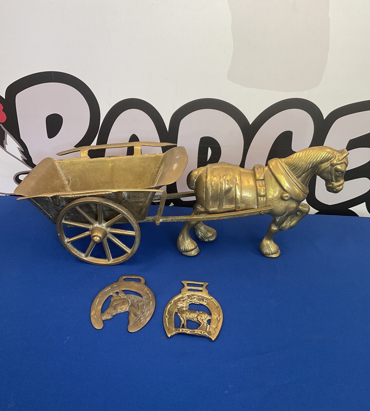 Heavy cast brass shire horse & cart with two horse brasses