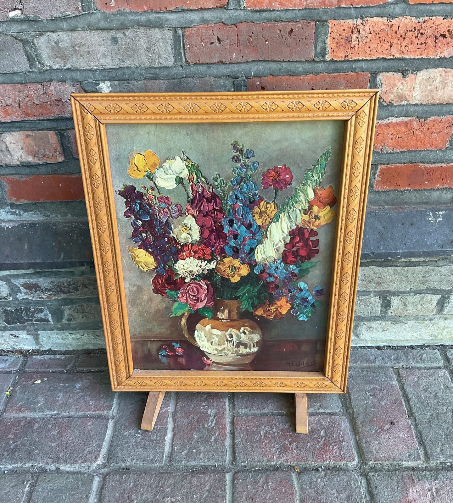 Vintage carved wood framed m e oddie still life firescreen