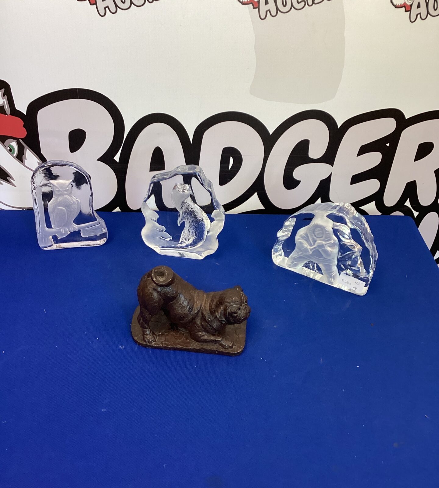 Three Glass etchings with Dog figurine