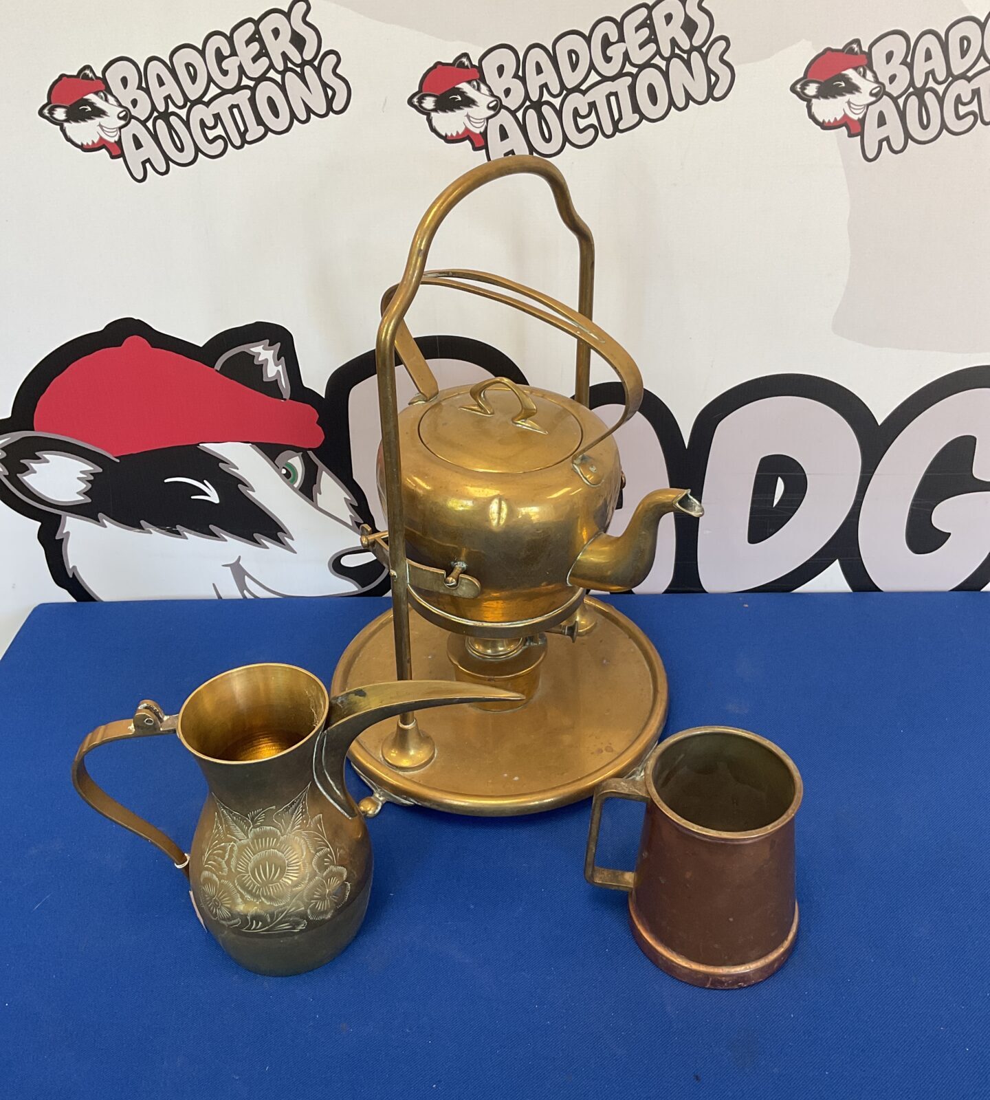 Vintage brass spirit kettle, jug & copper tankard