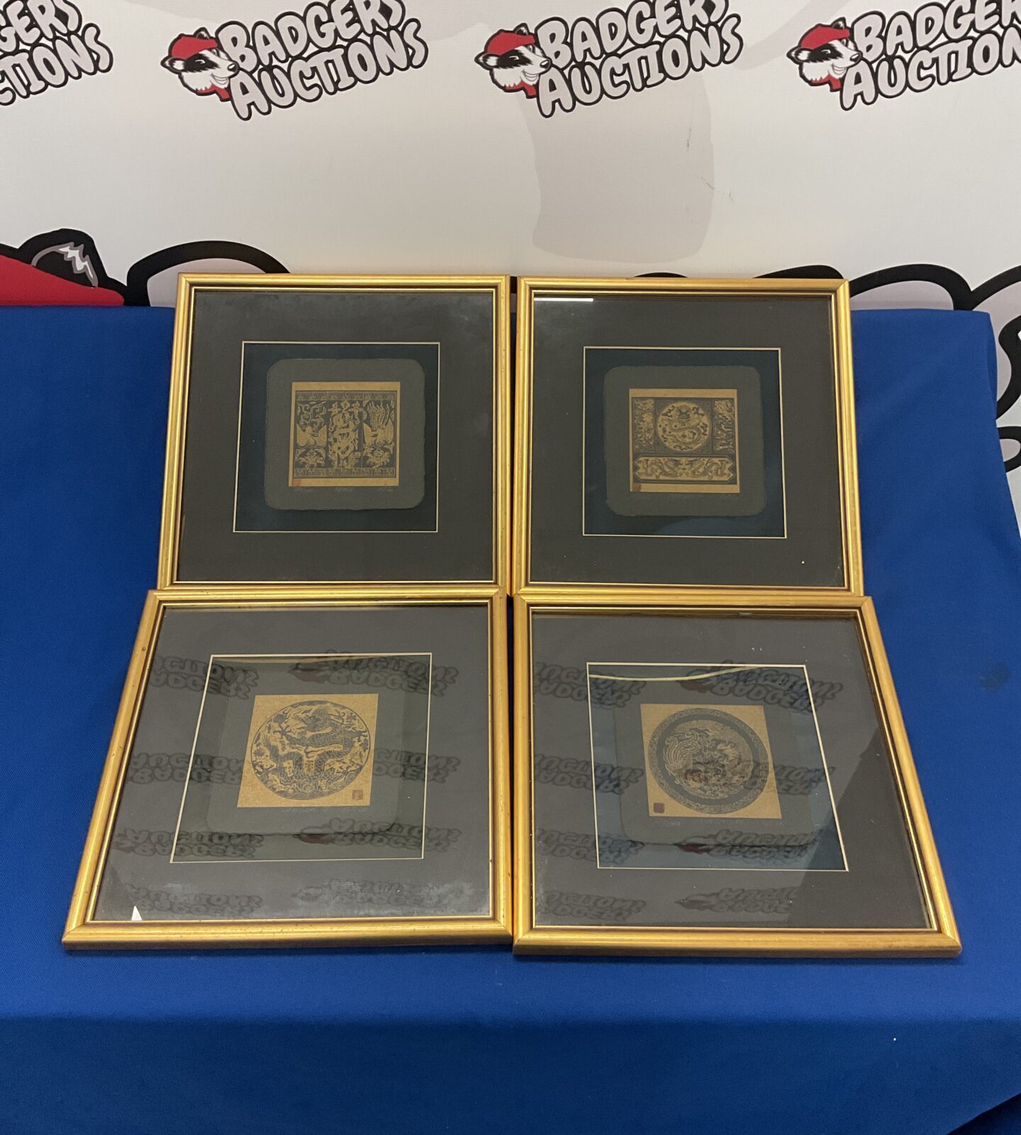Set of four framed chinese etchings on hand made paper