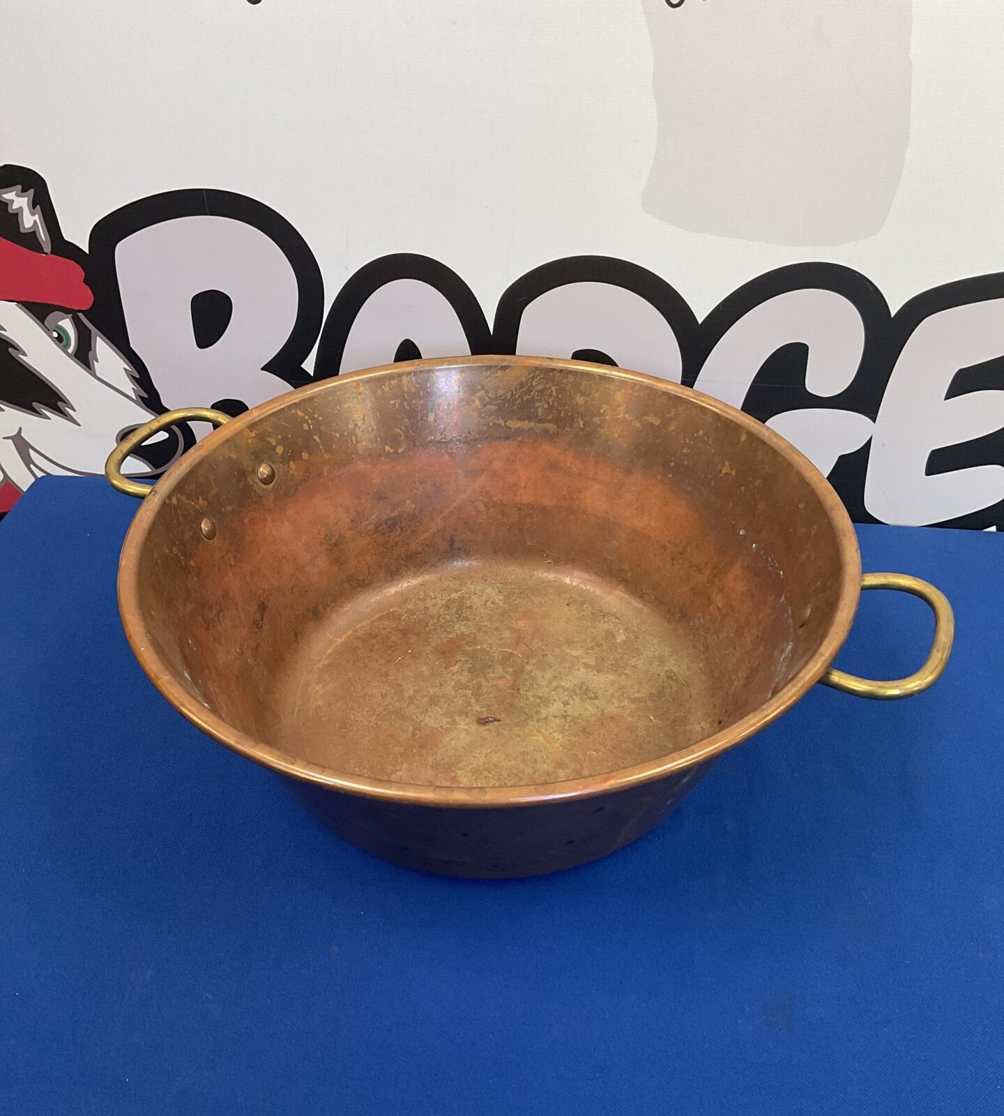 Vintage copper jam pan with brass handles