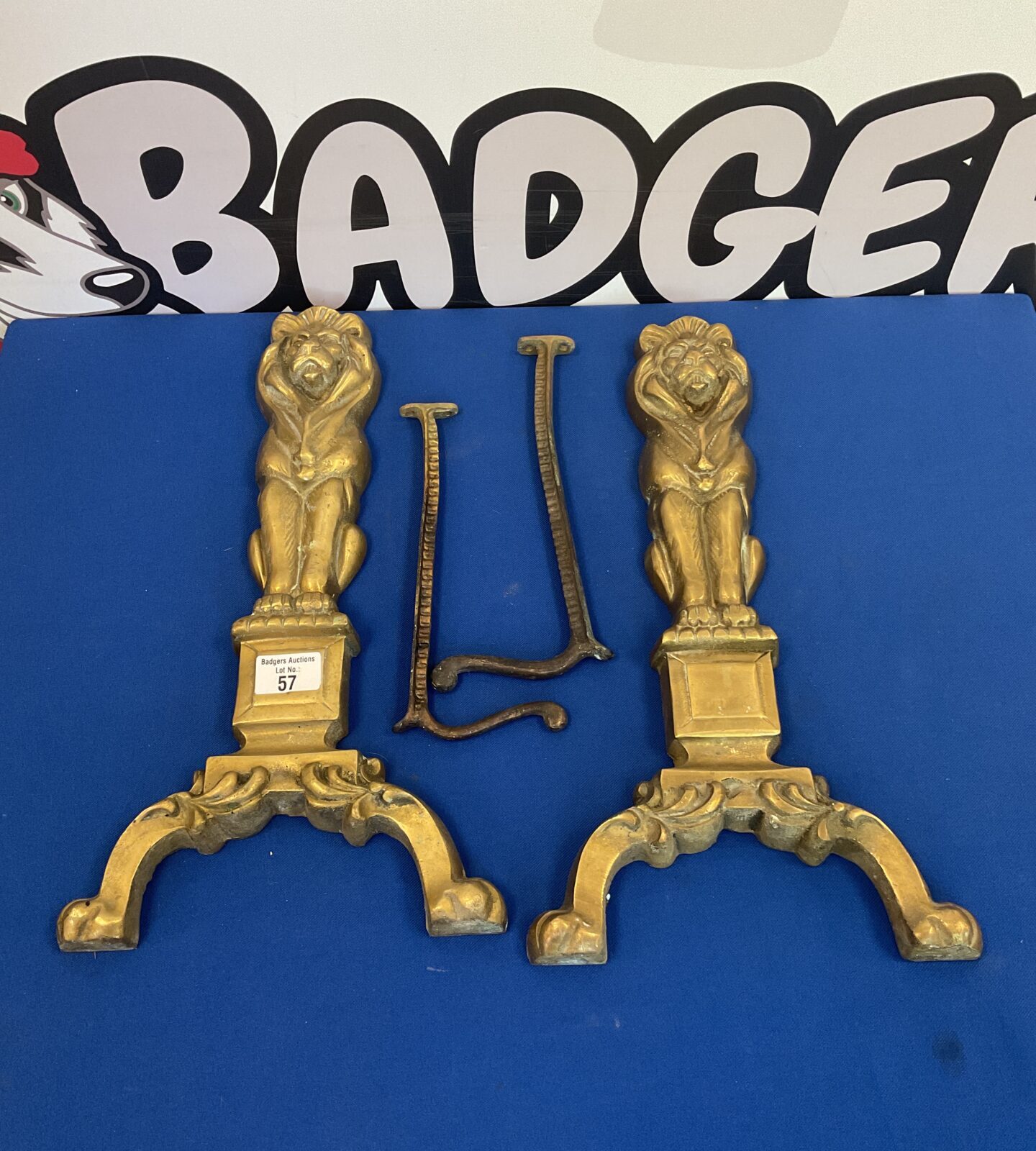 Pair of heavy cast brass lion fireplace fire dogs