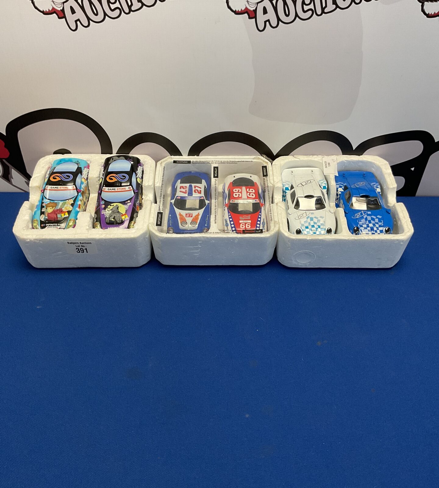 Six scalextric track cars