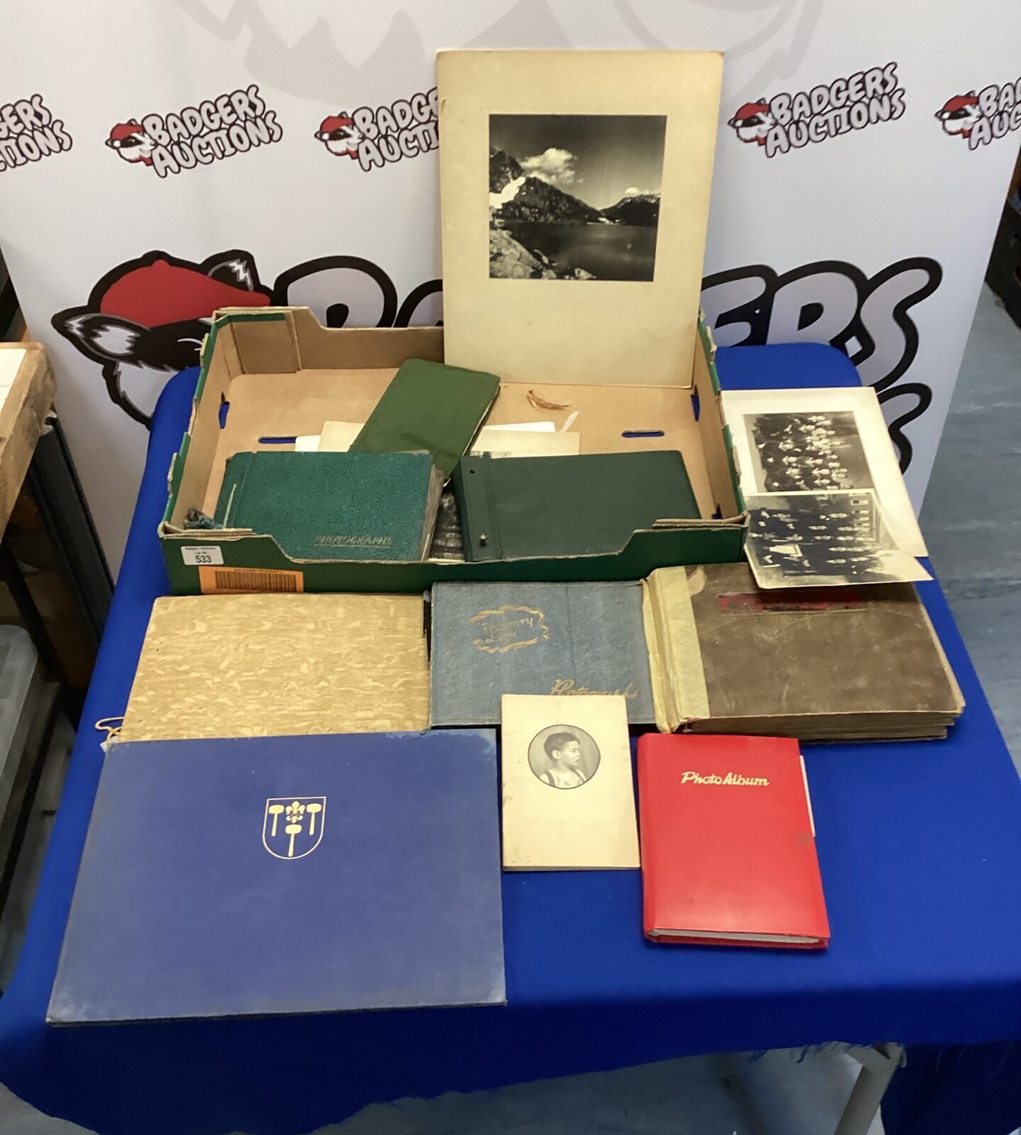 Box of vintage photo albums with photographs