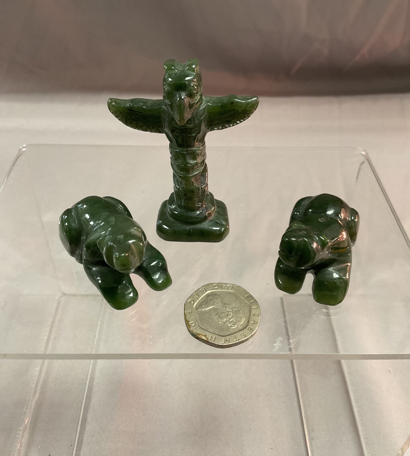 Three Native American / Inuit Carved Jade Totem pole and two polar bears